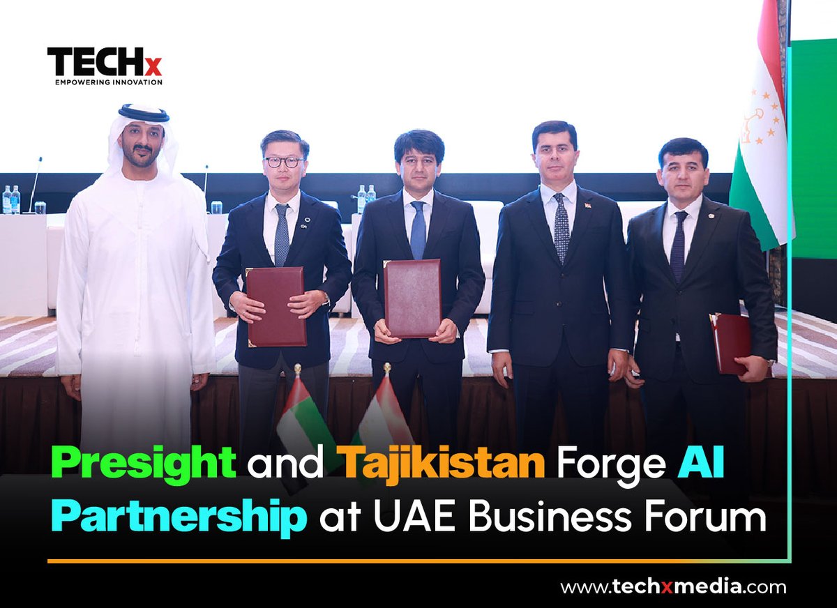 TECHxMediaUAE's tweet image. 🇦🇪🤝🇹🇯 UAE–Tajikistan boost tech ties!
Presight partners with Tajikistan’s Ministry of Industry & New Technologies to drive AI transformation across sectors.
🟥 Focus on smart cities, energy & cybersecurity
🟥 Joint task force for innovation & tech transfer
🟥 AI integration at…