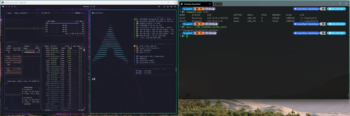 nunixtech's tweet image. And for the (very) curious ones, here's s screenshot of #omarchy (by DHH) running fine on LIMA-qemu on Windows 🤯
Yes port mapping and custom mounts are available.
All props go to @_AkihiroSuda_ and the LIMA team 💙
The @CloudNativeFdn on (all) the desktops Corsair 🏴☠️