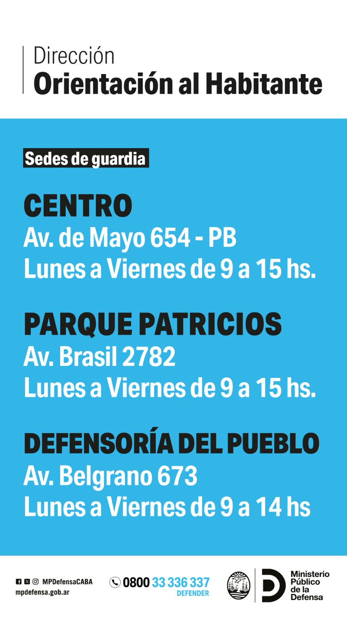 MPDefensaCABA's tweet image. Recordá que del 21 al 1/8 te seguimos acompañando.
Acercate a las Sedes de Orientación al habitante de guardia:
📍#Centro: Av. de Mayo 654, L a V de 9 a 15 hs
📍#ParquePatricios: Av. Brasil 2782, L a V de 9 a 15 hs
📍#Defensoria del Pueblo: Av. Belgrano 673, L a V de 9 a 14 hs.