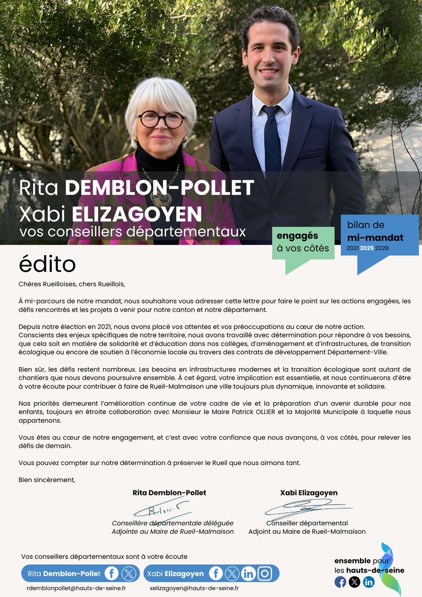 Majorite92's tweet image. Bilan de mi-mandat (2021-2028) – Canton de Rueil-Malmaison
Depuis 2021, vos élus @DemblonRita et @Xabi_Elz accompagnent les Rueilloises et Rueillois au quotidien et pour les grands projets emblématiques du canton !
Retrouvez leur bilan de mi-mandat ⤵️
