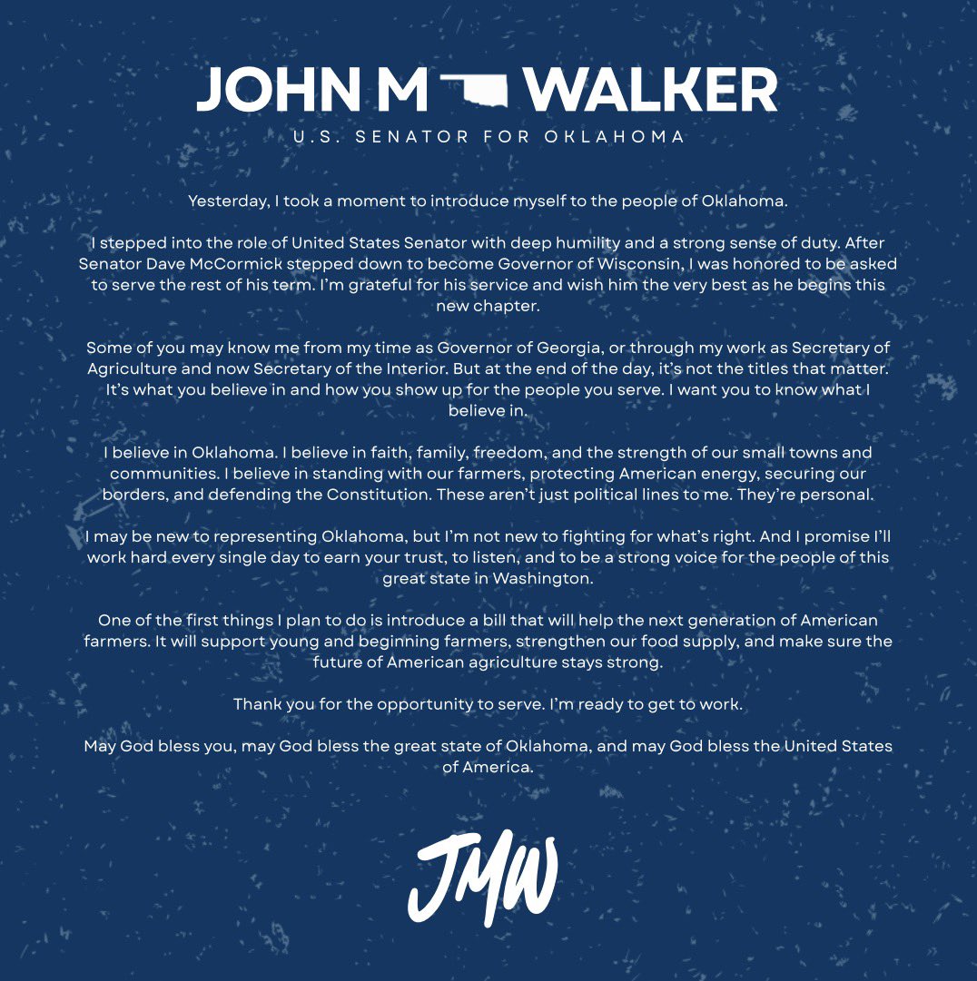 JohnWalkerUSGS's tweet image. Honored to serve as U.S. Senator for Oklahoma following Dave McCormick’s resignation. I’m here to listen, to fight for our values, and to earn your trust every day. Let’s get to work for the great people of this state. God bless Oklahoma and this nation.

(@USGSGovSim)