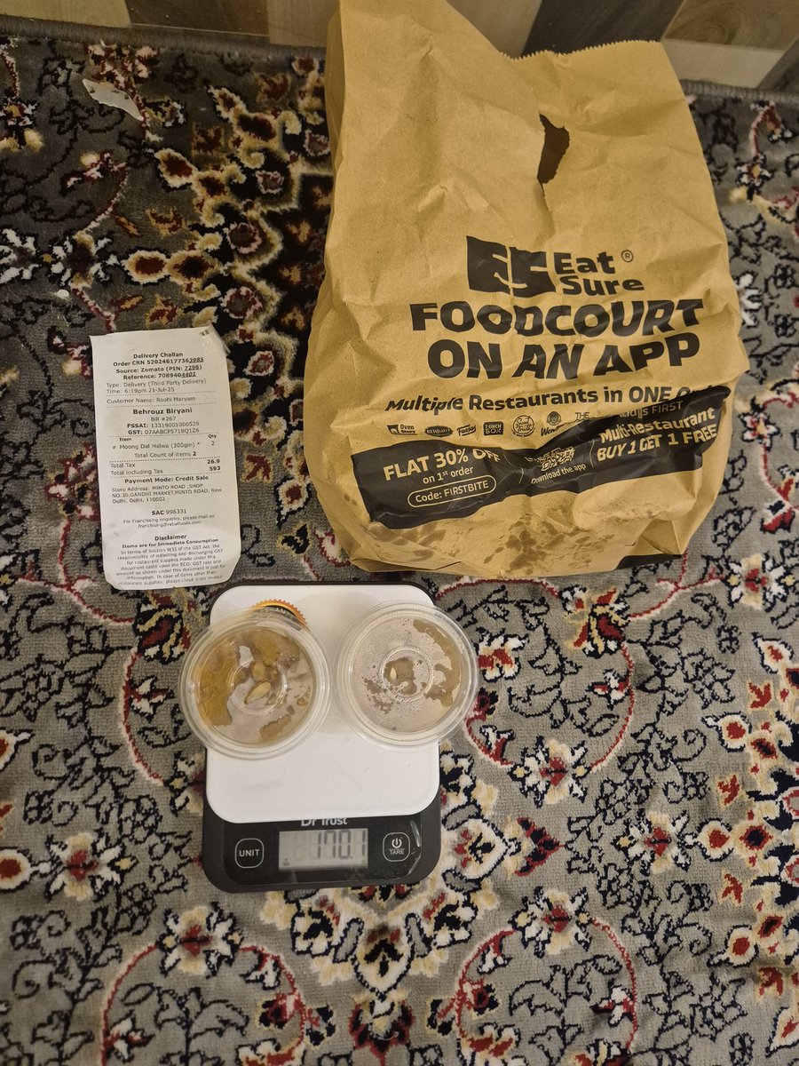 kafeel_rabbani's tweet image. Wow @Zomato @BehrouzBiryani , I ordered 2 packs of Moong Dal Halwa (300g each) and you sent me a grand total of 170.1g in two toy-sized boxes.
Is this a new weight-loss scheme for customers? Or do you just enjoy scamming people?
Fix your pathetic service
#FoodScam #Zomato