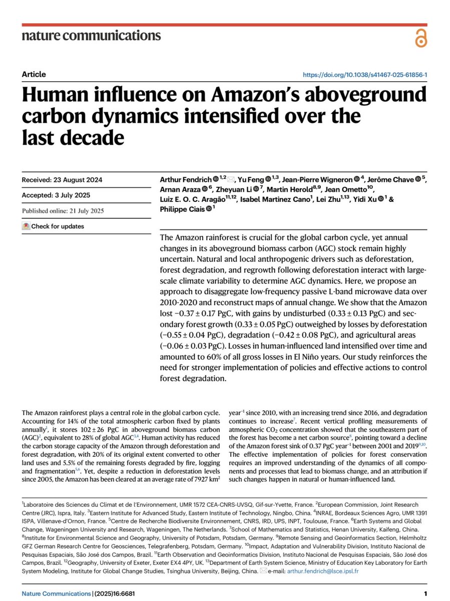 MAPICC2021's tweet image. Human influence on Amazon’s aboveground carbon dynamics intensified over the last decade.
nature.com/articles/s4146…