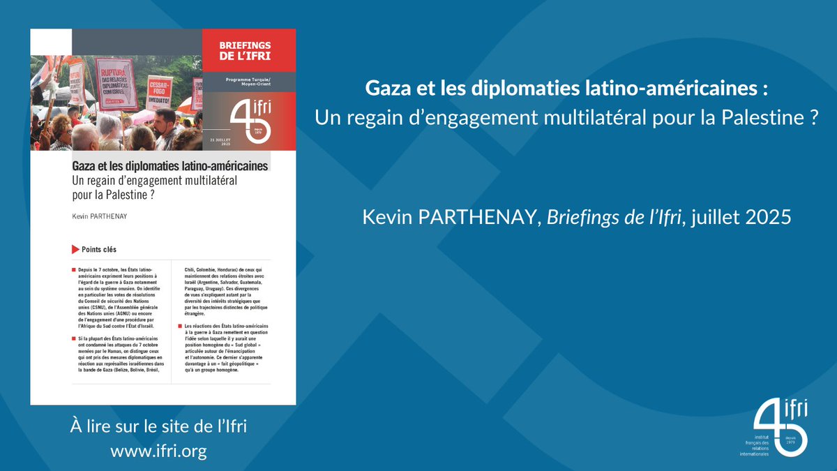 IFRI_'s tweet image. GAZA 🇵🇸 — Quelles sont les positions de l’Afrique du Sud et des pays latino-américains face à la guerre en cours ?
Deux nouveaux Briefings de l'Ifri à lire ⤵️
👉 ifri.org/en/memos/middl…
👉 ifri.org/fr/briefings/g…