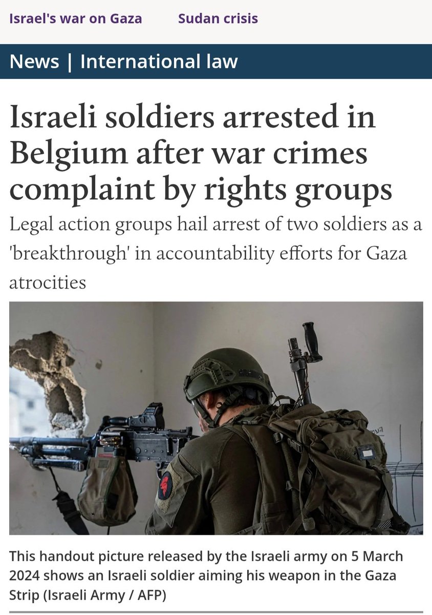 Dominic A. Theuns π΅πΈ π³π±π±π§π (@datheuns65) on Twitter photo BREAKING NEWS, 2 IDF soldiers arrested, a breakthrough in accountability. Thanks to <a href="/HindRFoundation/">The Hind Rajab Foundation</a>
Arrest and bring them to justice for commiting war crimes.
#HindRajabFoundation #Israel
#IsraeliWarCrimes BREAKING NEWS, 2 IDF soldiers arrested, a breakthrough in accountability. Thanks to <a href="/HindRFoundation/">The Hind Rajab Foundation</a>
Arrest and bring them to justice for commiting war crimes.
#HindRajabFoundation #Israel
#IsraeliWarCrimes