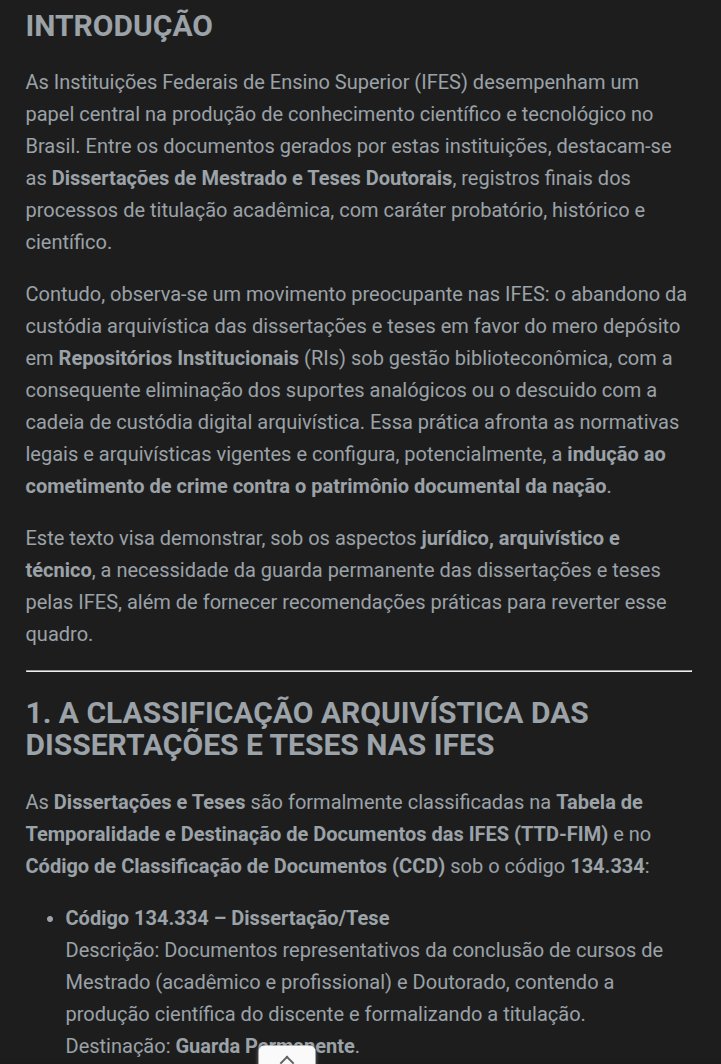 Daniel Flores Arquivos (@danielarquivos) on Twitter photo Depositar dissertações e teses em RIs não é custodiá-las como documentos arquivísticos permanentes; é desprotegê-las juridicamente, romper a cadeia de custódia e expor a instituição ao risco de cometer crime contra o patrimônio documental da nação
…tosarquivisticosdigitais.blogspot.com/2025/07/deposi… Depositar dissertações e teses em RIs não é custodiá-las como documentos arquivísticos permanentes; é desprotegê-las juridicamente, romper a cadeia de custódia e expor a instituição ao risco de cometer crime contra o patrimônio documental da nação
…tosarquivisticosdigitais.blogspot.com/2025/07/deposi…
