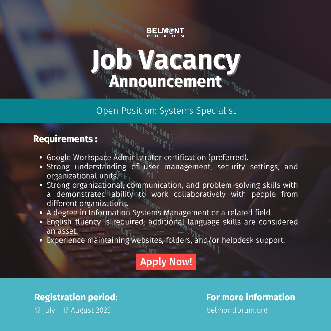 Belmont_Forum's tweet image. The Belmont Forum is seeking a Systems Specialist. This role will support the Belmont Forum website, workspace administration, and the Belmont Forum grant operations system (BFGo). To apply, visit belmontforum.org/archives/news/…

#JobVacancy #SystemsSpecialist #SystemsManagement #ITJob