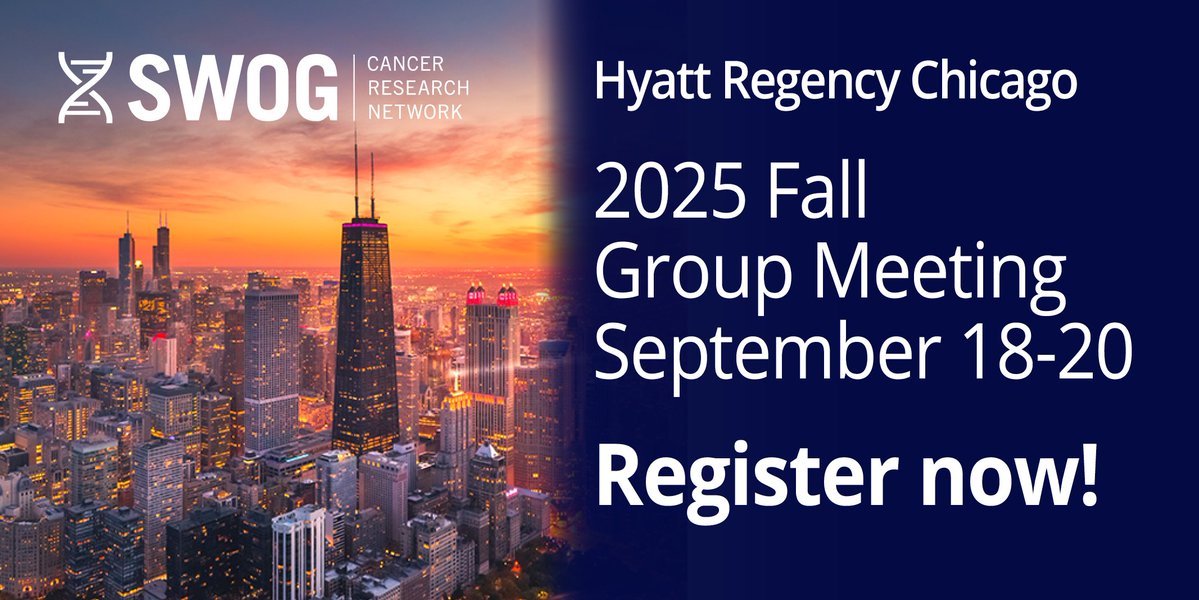 SWOG's tweet image. Time to register: @SWOG&apos;s fall 2025 group meeting, Sept 18-20, Hyatt Regency Chicago. With our #NCORP research base trials workshop, a kickoff for our S2427 BRIGHT trial in MIBC, &amp;amp; a Take Action Symposium on enrolling rural patients! #NCTN #SWOGonc
swog.org/news-events/sw…