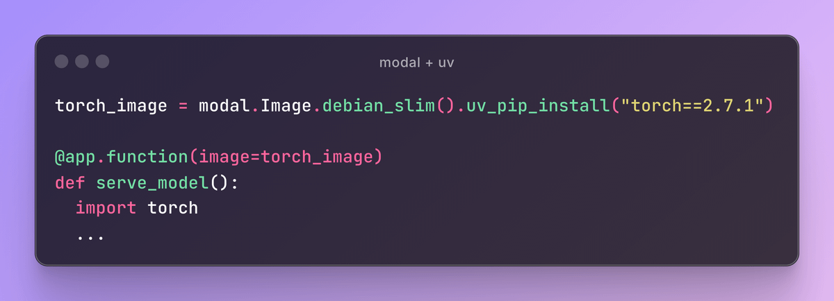 Big day for Python tooling enjoyers: <a href="/modal_labs/">Modal</a> finally has first-class uv support! Use:

• `uv_sync` to sync your Modal image with your local project
• `uv_pip_install` to install packages lightning fast⚡️