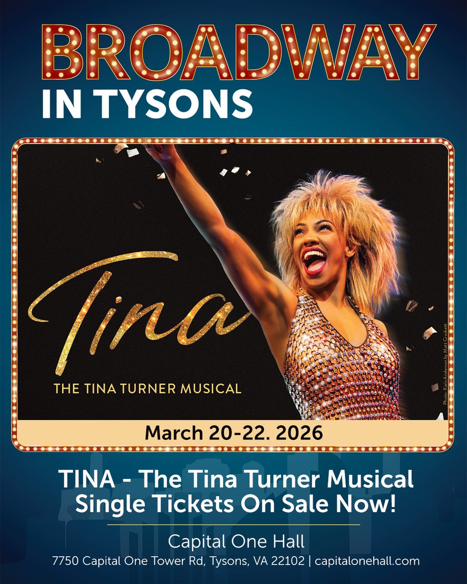 TINA – The Tina Turner Musical is coming to Capital One Hall for 5 electrifying performances from March 20–22, 2026! From her humble beginnings to her rock ‘n’ roll reign, this is the story of a music legend like no other.

🎟️ Tickets are ON SALE NOW → spr.ly/6015f88gt.