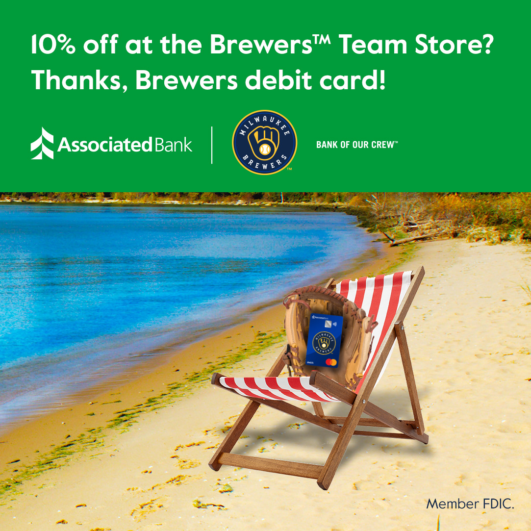 Associated Bank (@associatedbank) on Twitter photo It’s summer—got your resort wear? Lucky for you, Brewers™ gear is perfect for any Wisconsin beach day! And with your Associated Bank Brewers™ debit card, you can save 10% on your look at the Brewers Team Store. spr.ly/6018NF5K6 It’s summer—got your resort wear? Lucky for you, Brewers™ gear is perfect for any Wisconsin beach day! And with your Associated Bank Brewers™ debit card, you can save 10% on your look at the Brewers Team Store. spr.ly/6018NF5K6