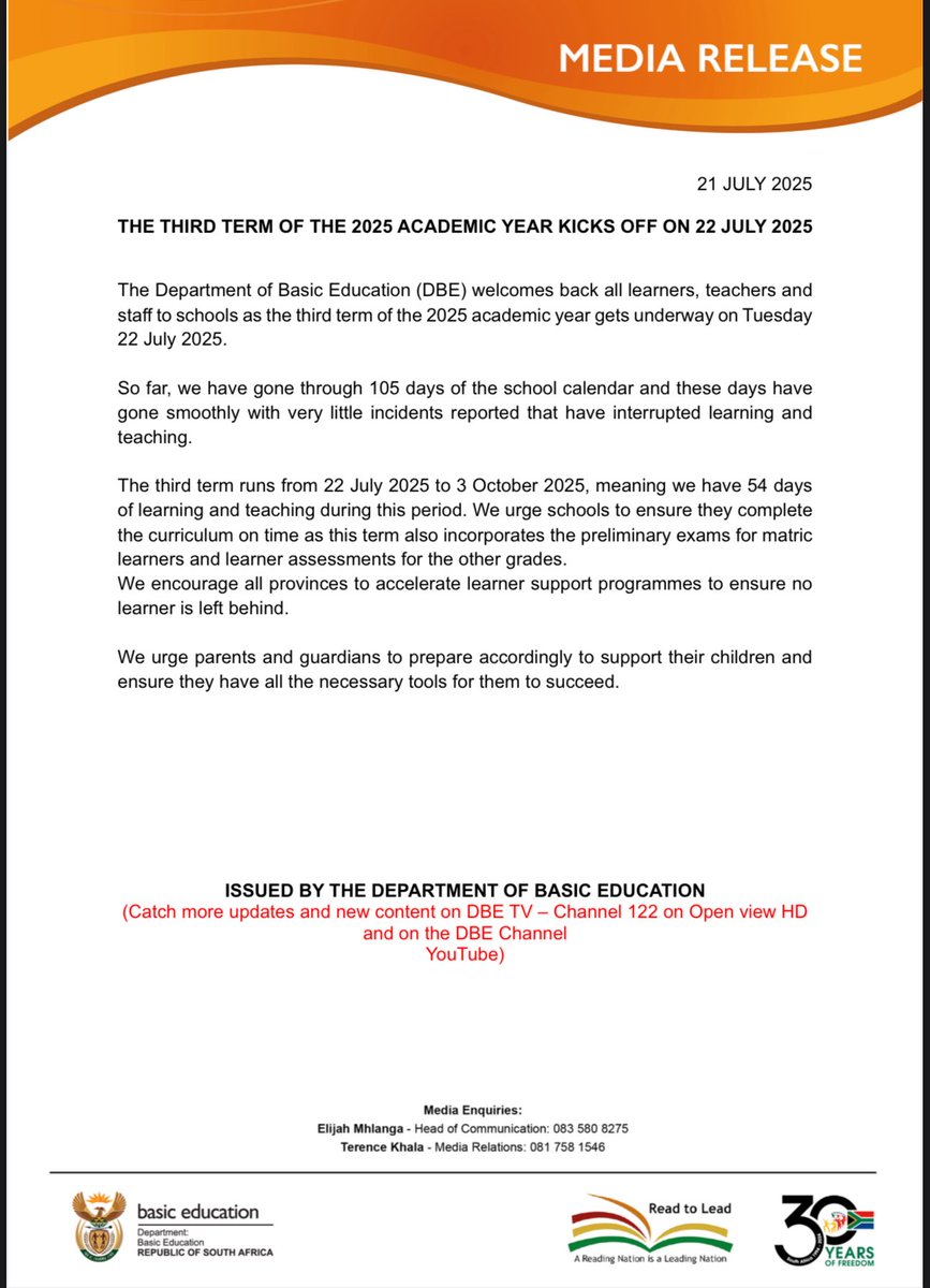 The third term of the 2025 Academic Year begins tomorrow, 22 July 2025.