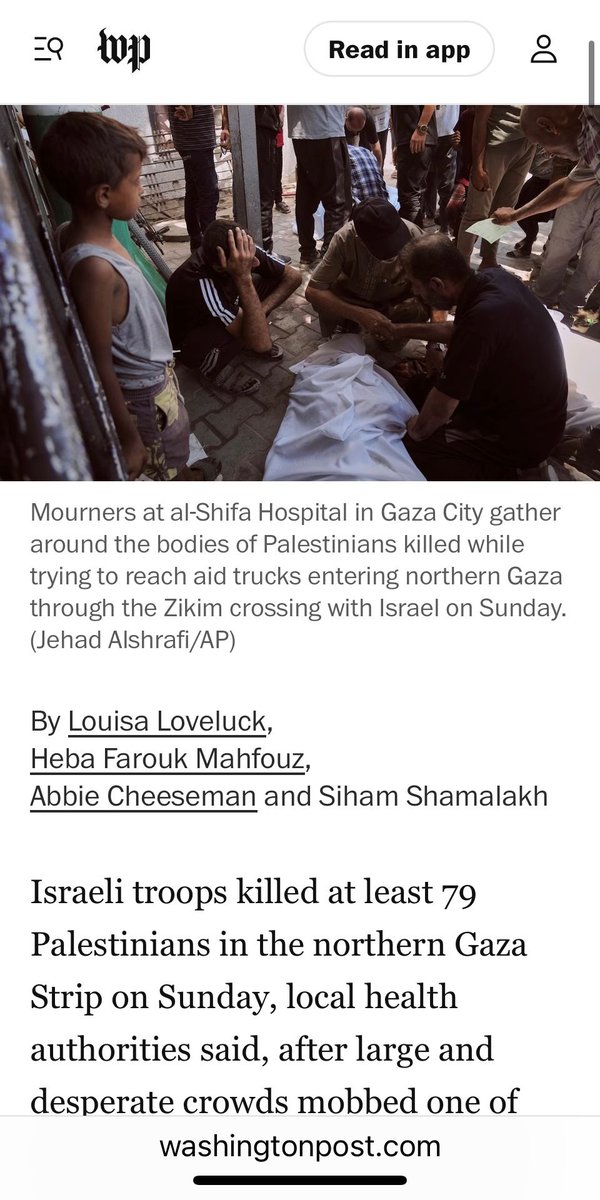 gtconway3d's tweet image. โIsraelโs four-month blockade has left Gazans so bereft of basics like fuel that some of the bodies of victims Sunday were piled onto donkey carts โฆ . According to the Gaza Health Ministry, at least 79 people were killed.โ
wapo.st/4m23Gi7