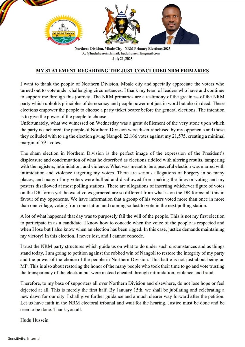 Regarding the sham election in Northern Division, Mbale City on 17th July 2025 where I was rigged:
#Mbale
Thank you for your attention to this matter.