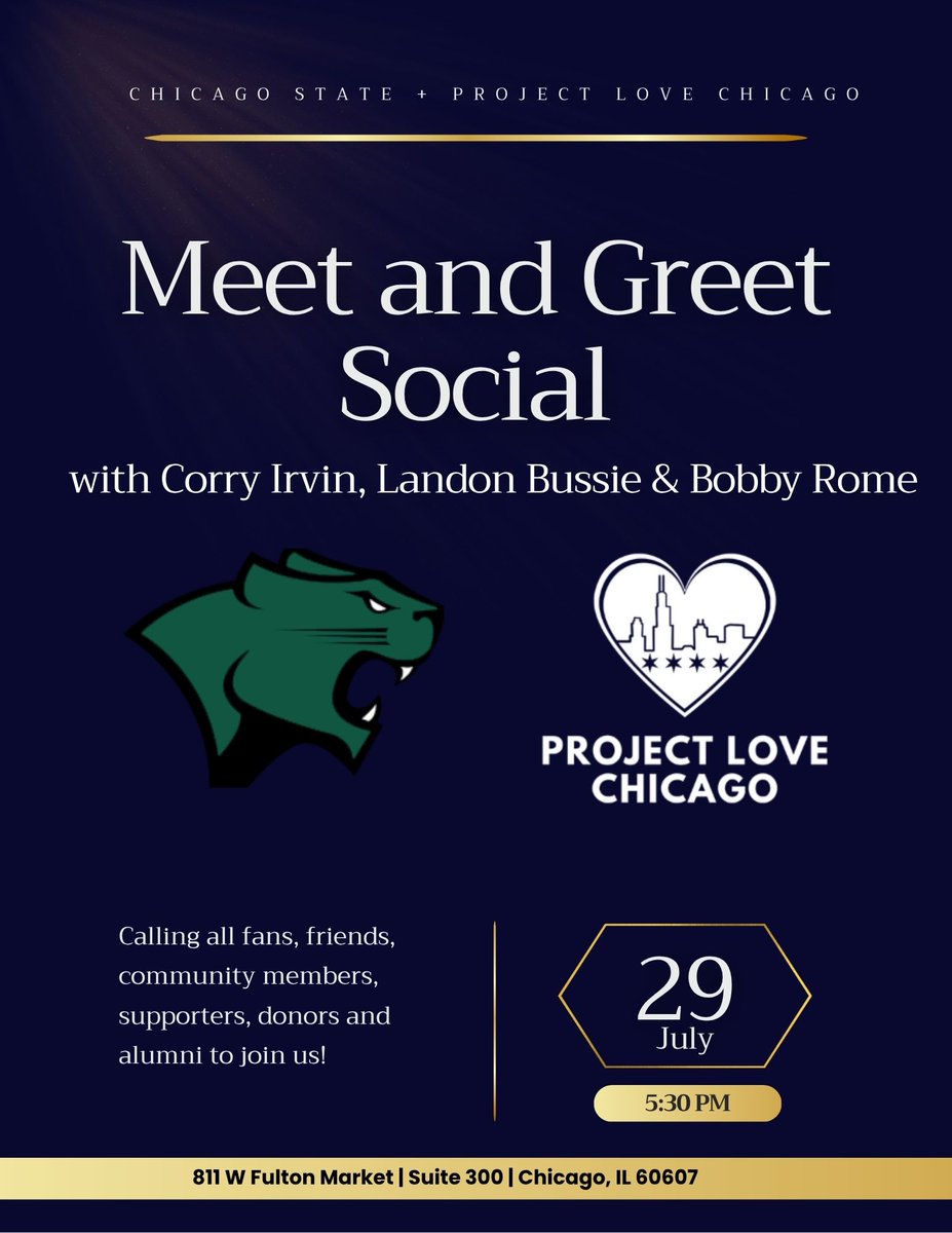 ChiStateCougars's tweet image. Join us and @projectlovechi for the Meet & Greet Social on July 29 at 5:30pm!
Register here bit.ly/3IyTa3q