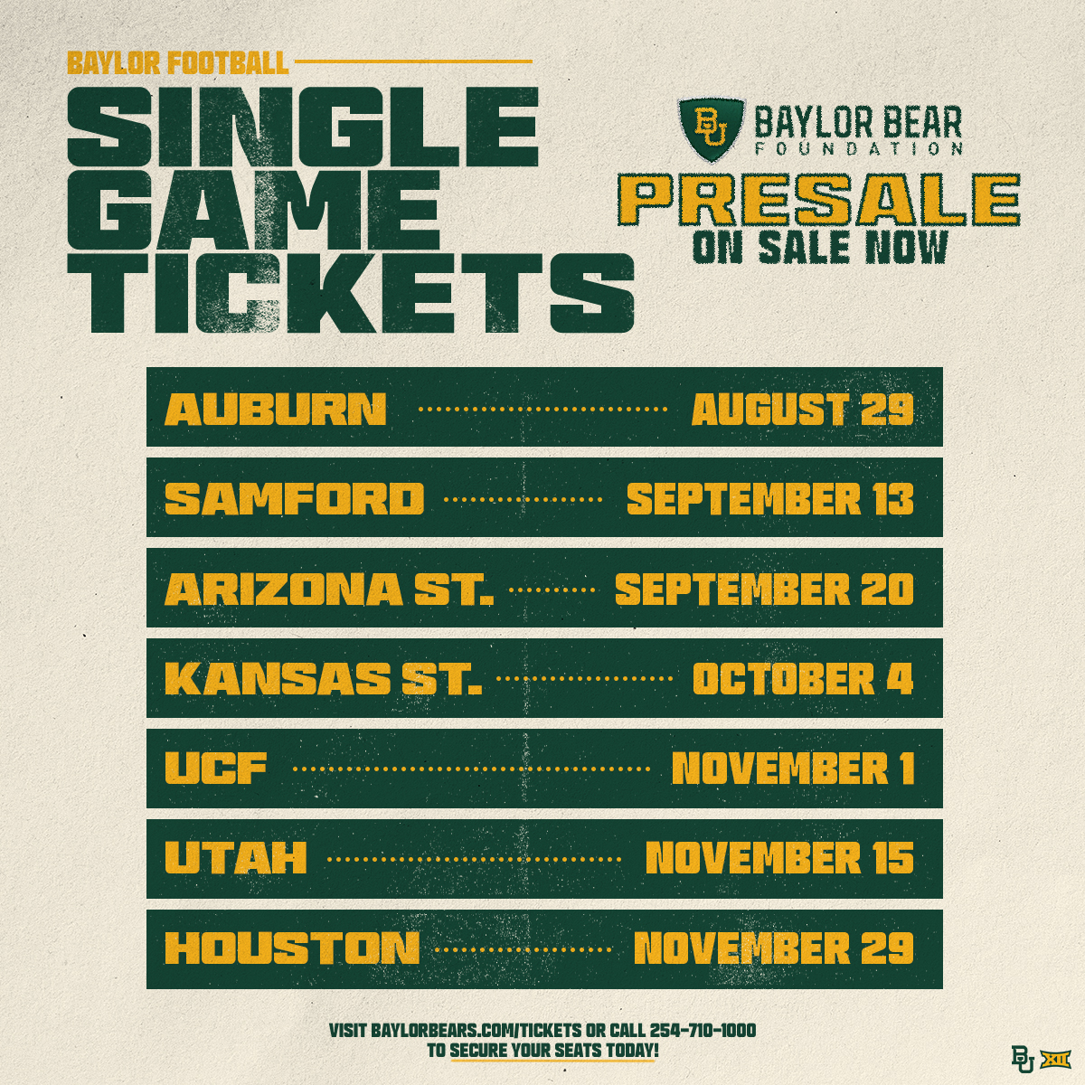 BearFoundation's tweet image. Presale access for Bear Foundation members is LIVE! Log into your account to snag those @BUFootball single-game tickets: baylorbears.evenue.net/events/FBSG
#SicEm