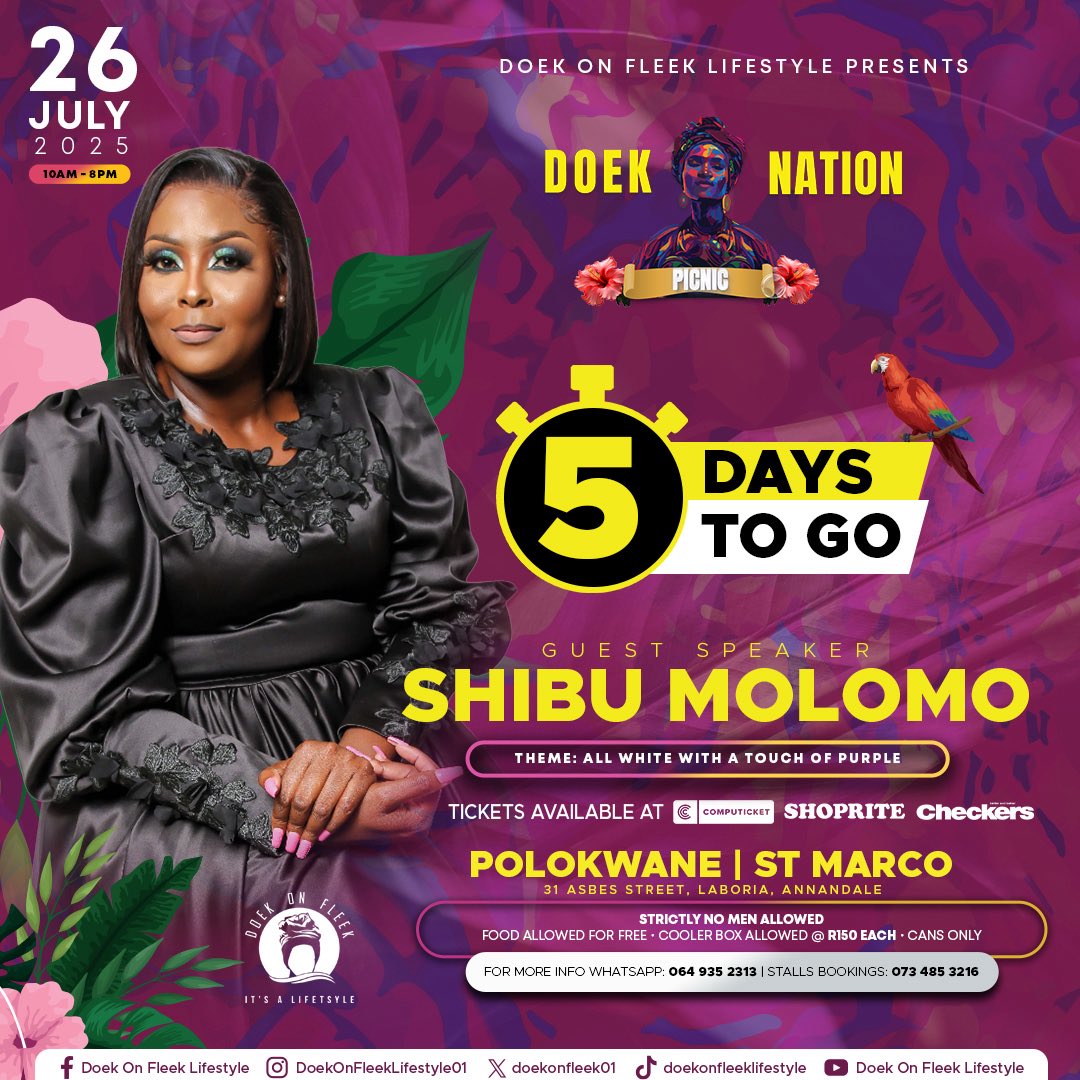 doekonfleek01's tweet image. 🎉 Hey, Polokwane‼️🗣️ only 5 more days to go,
👉Follow link to Get your tickets 🎫 🤩
26 Jul - Polokwane Doek Nation Picnic🤍💜:
computicket-boxoffice.com/e/doek-nation-…
08 Nov - Polokwane Gospel Picnic🩷🧡:
computicket-boxoffice.com/e/doek-on-flee…
WhatsApp 0649352313 for more info
@ShibuMolomo