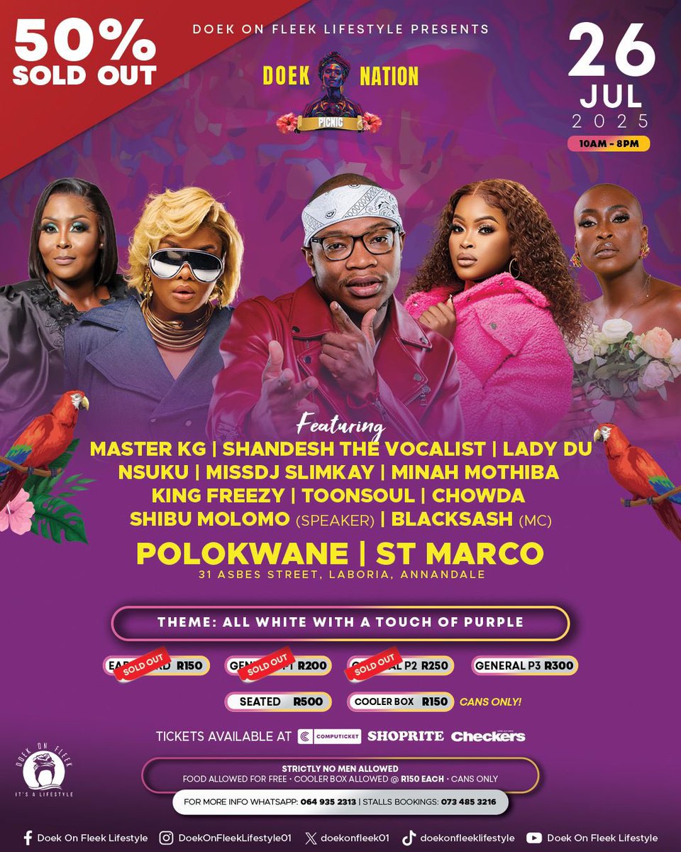 doekonfleek01's tweet image. 🎉 Hey, Polokwane‼️🗣️ only 5 more days to go,
👉Follow link to Get your tickets 🎫 🤩
26 Jul - Polokwane Doek Nation Picnic🤍💜:
computicket-boxoffice.com/e/doek-nation-…
08 Nov - Polokwane Gospel Picnic🩷🧡:
computicket-boxoffice.com/e/doek-on-flee…
WhatsApp 0649352313 for more info
@ShibuMolomo