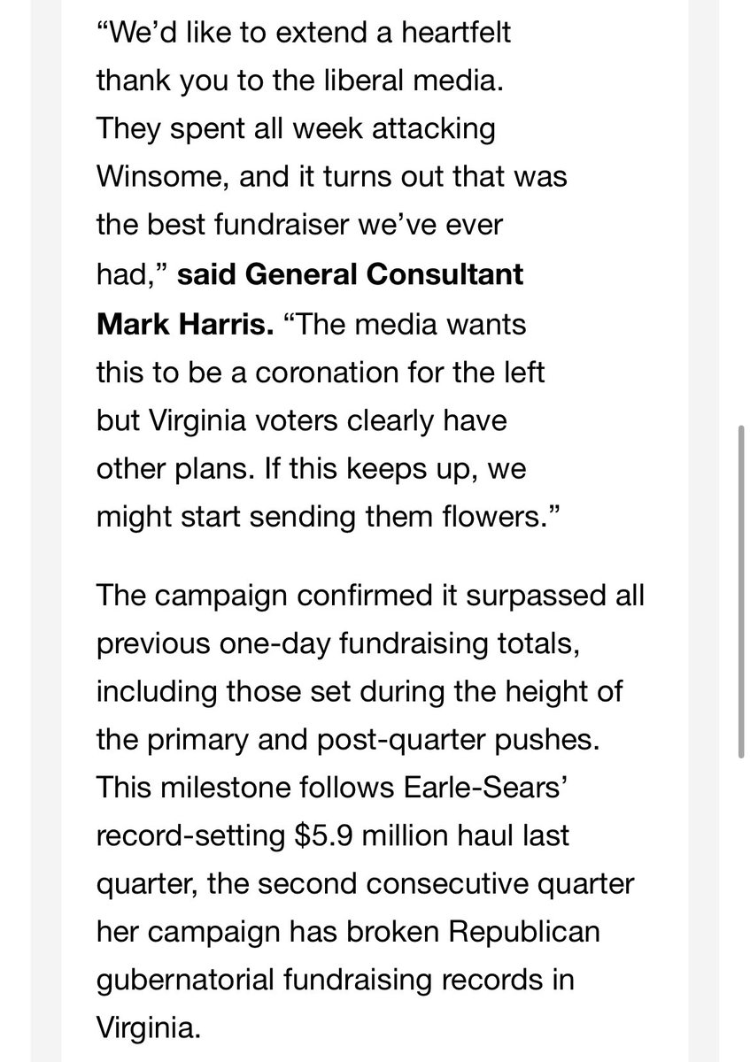 NickMinock's tweet image. Virginia Lt. Gov. Winsome Earle-Sears’ general consultant said, “We’d like to extend a heartfelt thank you to the liberal media. They spent all week attacking Winsome, and it turns out that was the best fundraiser we’ve ever had.”