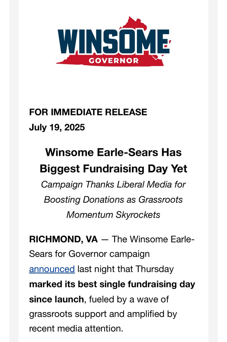 NickMinock's tweet image. Virginia Lt. Gov. Winsome Earle-Sears’ general consultant said, “We’d like to extend a heartfelt thank you to the liberal media. They spent all week attacking Winsome, and it turns out that was the best fundraiser we’ve ever had.”
