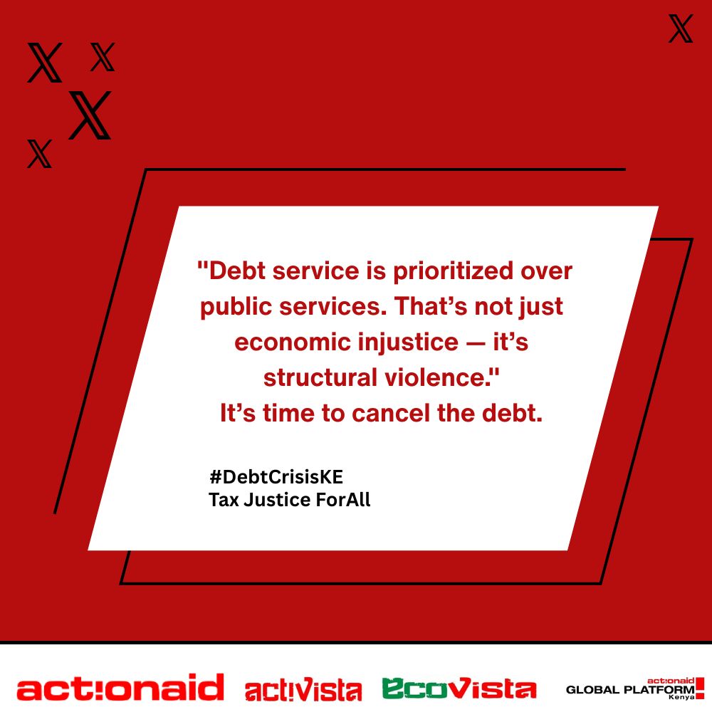 We don’t need more taxes we need justice for the trillions looted, stashed, and written off for the rich.
#DebtCrisisKE
Tax Justice ForAll

<a href="/ActionAid_Kenya/">ActionAid Kenya</a>
@TisaKenya
<a href="/OkoaUchumi_KE/">Okoa Uchumi</a>
<a href="/OkiyaOmtatah/">Okiya Omtatah Okoiti</a>
<a href="/OxfamKE/">Oxfam Kenya</a>
@OtienoWill
<a href="/NAssemblyKE/">National Assembly KE</a>
<a href="/Activista047/">Activista Nairobi Chapter</a>
@Gp_Kenya
<a href="/EcoVistaKE/">EcoVistaKe</a>