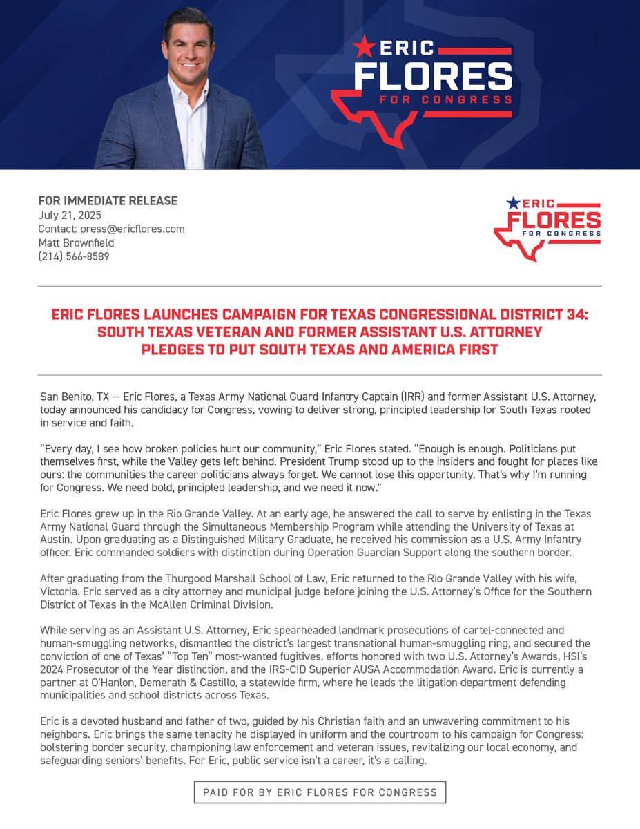 EricDFloress's tweet image. I am an Infantry Captain, former federal prosecutor, and father. I’m running for Congress to put South Texas and America First.