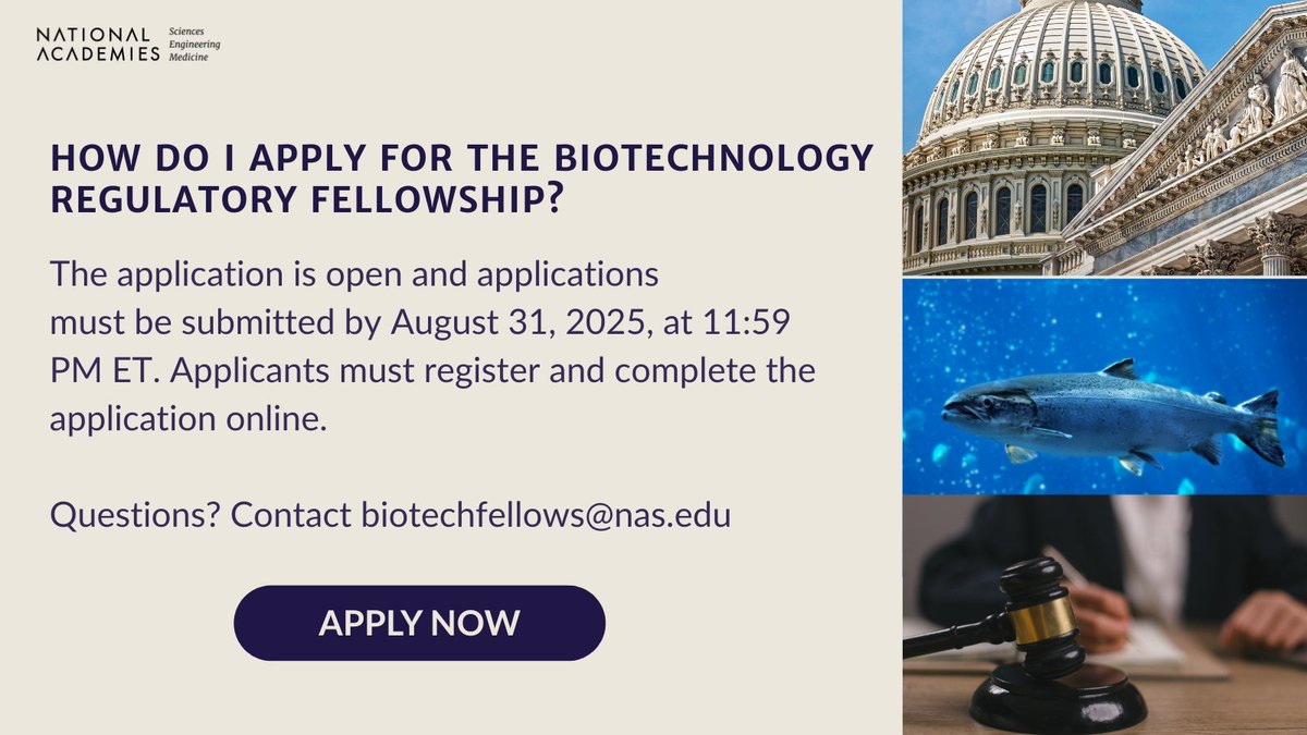 NASEM_BioRegFS's tweet image. Wondering how to apply for the Biotechnology Regulatory Fellowship? The application is open and due by August 31, 2025, at 11:59 PM ET.
Questions? Email biotechfellows@nas.edu.
Apply now - ow.ly/aI7L50Wh4xp
#BiotechnologyFellowship #RegulatoryPolicy #ApplyNow