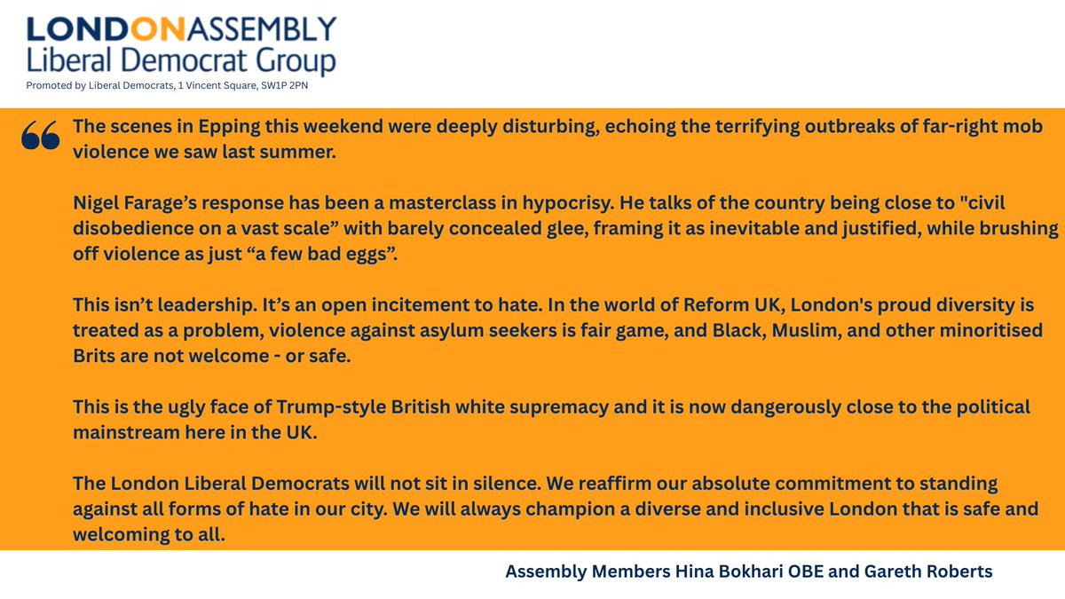 Hina Bokhari OBE AM 🔶 (@hinabokharild) on Twitter photo The <a href="/LibDems/">Liberal Democrats</a> are the antidote to Reform. Our statement from City Hall on the violence in Epping and reaction from Nigel Farage ⬇️ The <a href="/LibDems/">Liberal Democrats</a> are the antidote to Reform. Our statement from City Hall on the violence in Epping and reaction from Nigel Farage ⬇️