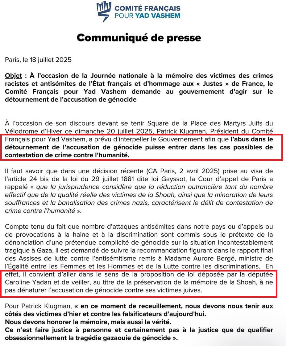 CharliesIngalls's tweet image. 🇵🇸🇫🇷 Qualifier la situation à #Gaza de génocide, un cas possible de "contestation de crime contre l'humanité"...
C'est ce qu'écrit dans un communiqué de presse le "Comité français pour Yad Vashem", présidé par Patrick Klugman. Selon lui, "l'abus dans le détournement de…