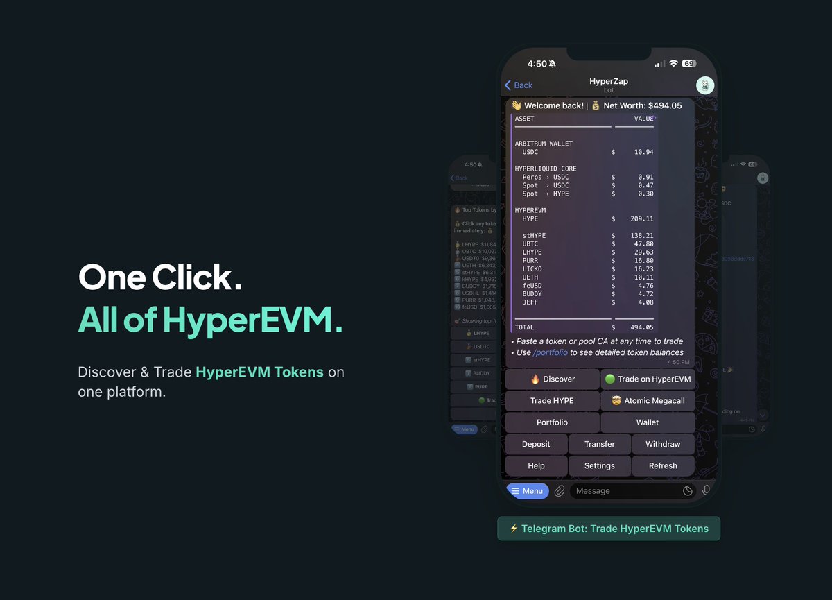 0xLoris's tweet image. Introducing @hyperzap_xyz
PROBLEM: Onboarding to HyperEVM sucks.
SOLUTION: HyperZap - One Click. All of HyperEVM.
Launching today:
• HyperZapBot: trade any HyperEVM token in Telegram
• 1-click onboarding: go from USDC (Arbitrum) → HYPE (HyperEVM) in one tap
1-click…