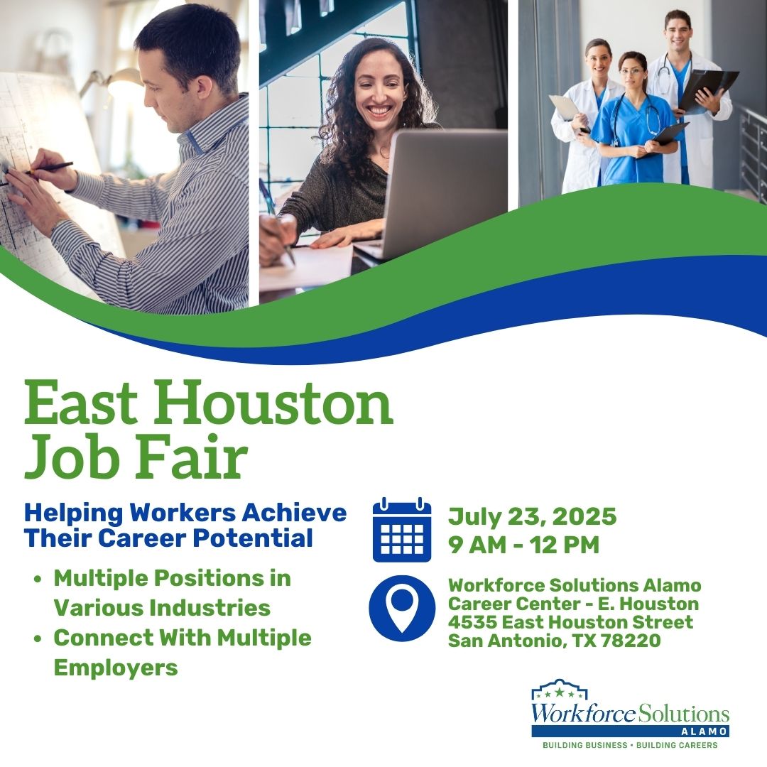 Find the right job for you at the East Houston Job Fair!

📅 July 23, 9:00 AM – 12:00 PM
 📍 WSA Career Center – East Houston
4535 E. Houston Street, San Antonio, TX 78220

Register here: eventbrite.com/e/east-houston…

#WorkforceSolutionsAlamo #JobFair #NowHiring #CareerFair