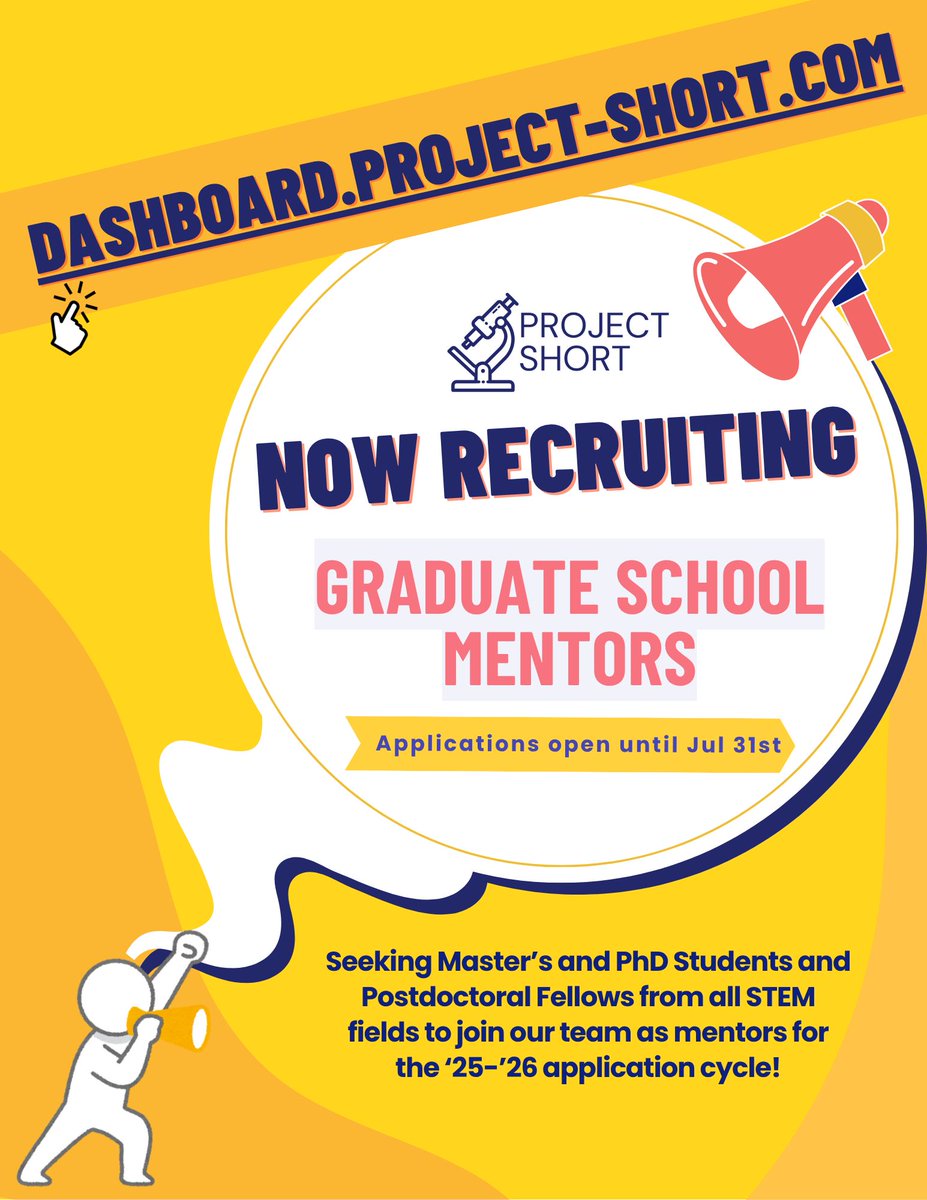 Project SHORT (@projectshort) on Twitter photo We are now recruiting STEM mentors for the 2025-2026 graduate school application cycle!
⏰ Mentor applications close on July 31st, 2025 ⏰
✨ APPLY HERE: dashboard.project-short.com ✨
Questions? Email us: contact@project-short.com We are now recruiting STEM mentors for the 2025-2026 graduate school application cycle!
⏰ Mentor applications close on July 31st, 2025 ⏰
✨ APPLY HERE: dashboard.project-short.com ✨
Questions? Email us: contact@project-short.com