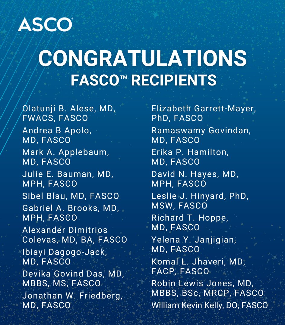 ASCO's tweet image. Join us in congratulating the following members on earning the Fellows of ASCO (FASCO) distinction last quarter! We are grateful for their extraordinary volunteer service, dedication, and commitment to ASCO.
Learn more about FASCO distinction: brnw.ch/21wUiVu