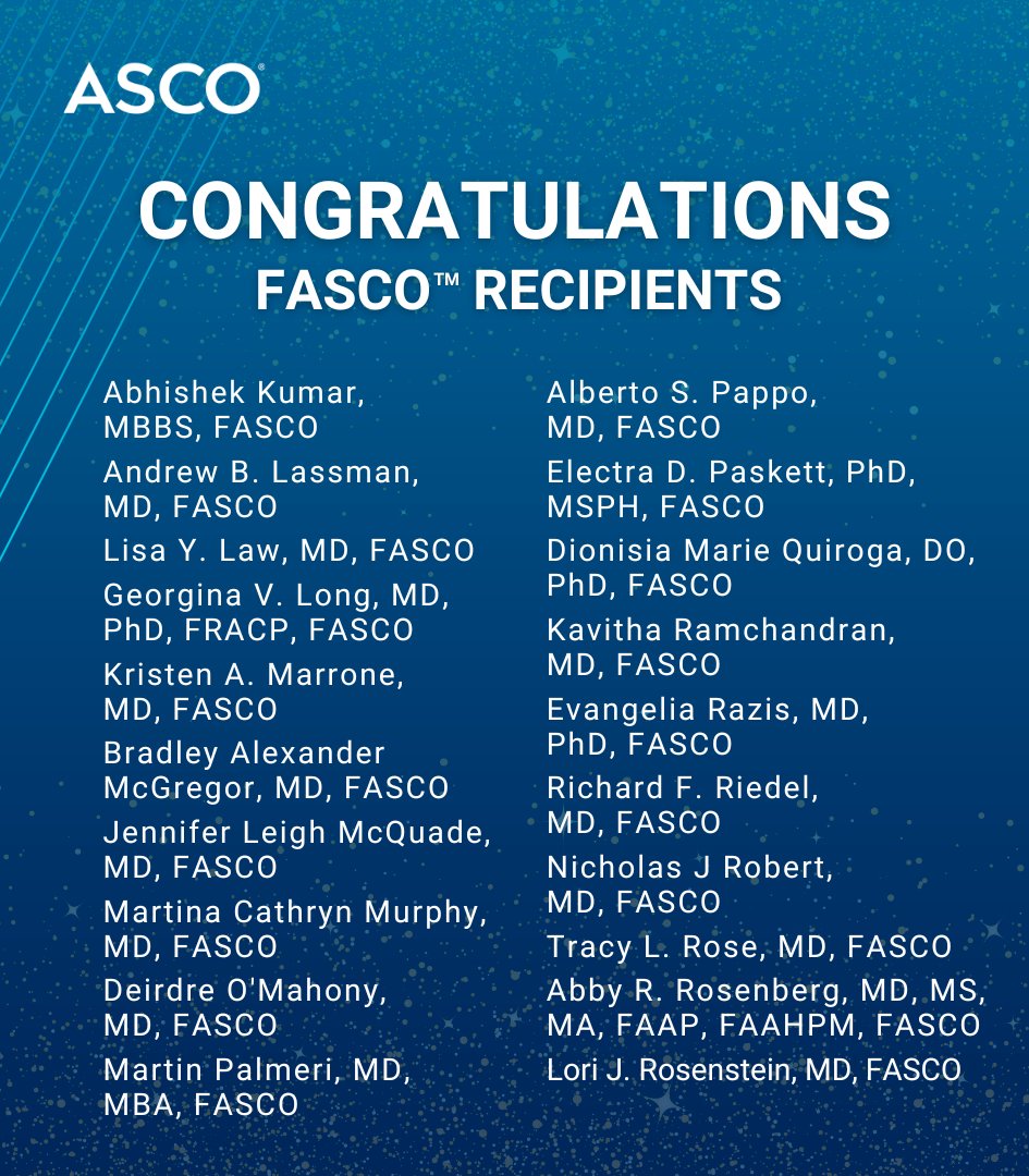 ASCO's tweet image. Join us in congratulating the following members on earning the Fellows of ASCO (FASCO) distinction last quarter! We are grateful for their extraordinary volunteer service, dedication, and commitment to ASCO.
Learn more about FASCO distinction: brnw.ch/21wUiVu