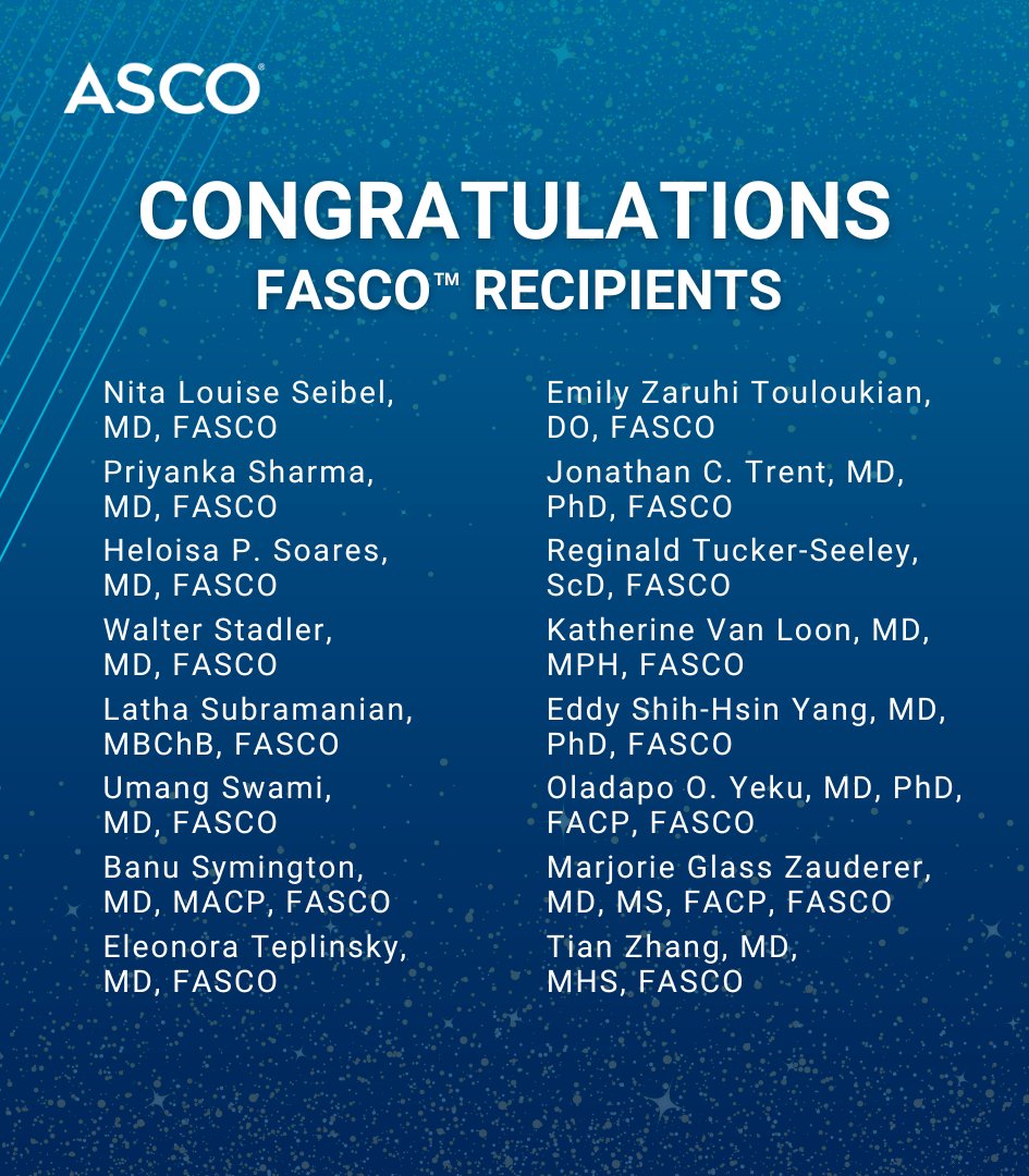 ASCO's tweet image. Join us in congratulating the following members on earning the Fellows of ASCO (FASCO) distinction last quarter! We are grateful for their extraordinary volunteer service, dedication, and commitment to ASCO.
Learn more about FASCO distinction: brnw.ch/21wUiVu
