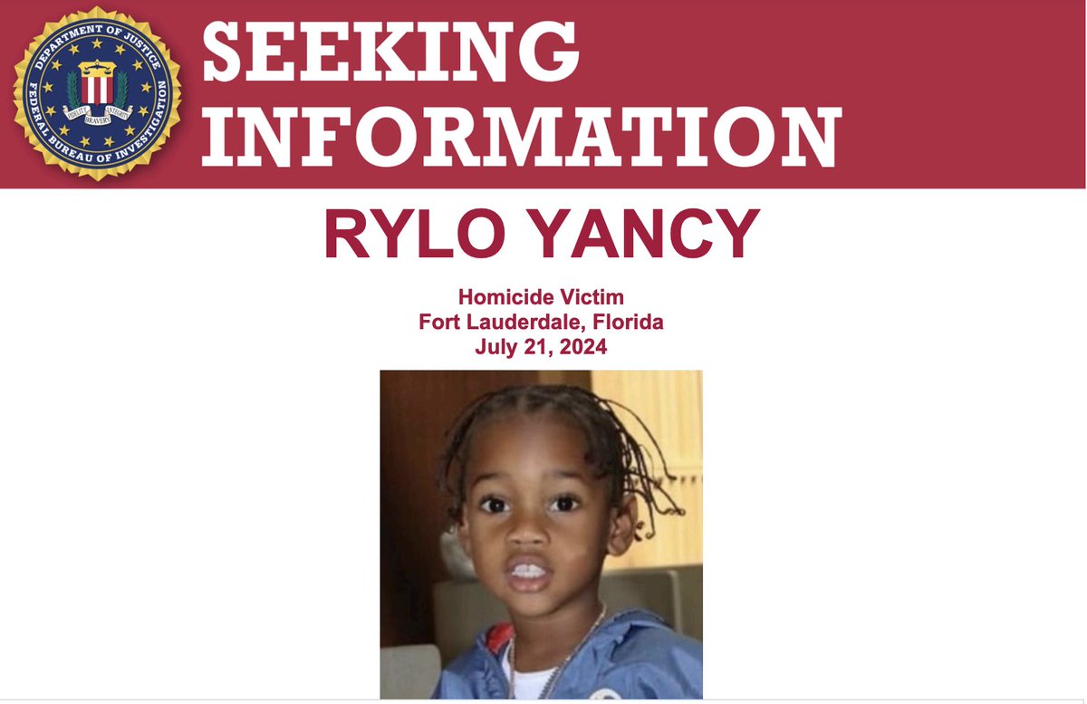 FBIMostWanted's tweet image. The FBI offers a reward of up to $10,000 for info leading to the ID, arrest, and conviction of those responsible for the death of Rylo Yancy, shot in a drive-by shooting while attending a birthday party at a park in Fort Lauderdale, FL, on July 21, 2024: fbi.gov/wanted/seeking…