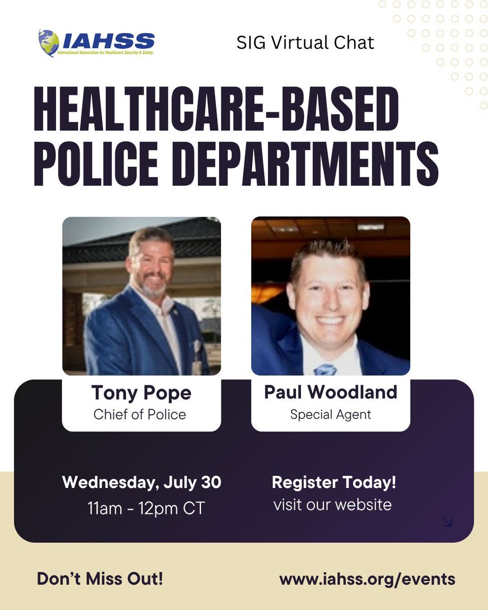 Anthony Pope and Paul Woodland will lead the conversation and answer your questions related to healthcare-based police departments. REGISTER TODAY 👉 buff.ly/fnDUjy1 
:
#HealthcareSecurity #HealthcareSafety #PoliceSecurity #SpecialAgent #ChiefOfPolice
