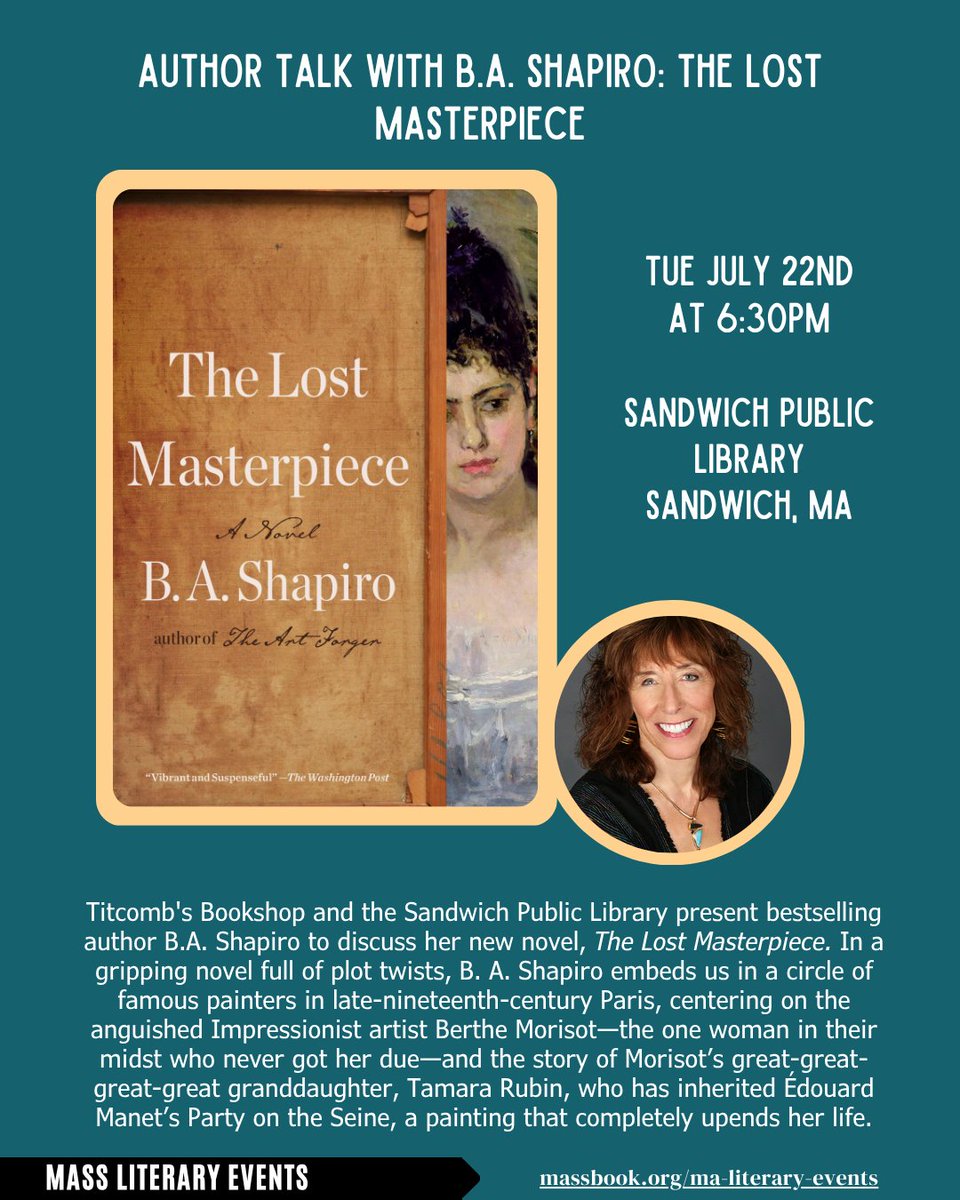 MassBook's tweet image. Events this week! massbook.org/ma-literary-ev…
T- Jarrett J. Krosoczka @ Wilmington Senior Center
T- B.A. Shapiro @ Sandwich Lib
T- Sue Halpern @ Purple Couch Bookshop
Th- Bill Gerencer @ New Bedford Fishing Heritage Center
Sa- Svetlana Chmakova w/ Elissa Gershowitz @ Boston Lib