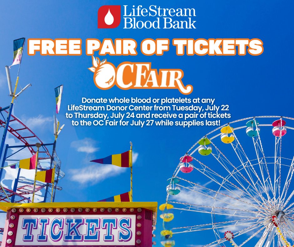 🎡 The OC Fair is calling! Donate whole blood or platelets at any LifeStream donor center from Tuesday, July 22 - Thursday, July 24, &amp; get 2 FREE tickets to the OC Fair for Sunday, July 27 (while supplies last).
Make an appt. at LStream.org #OCFair #OrangeCountyFair