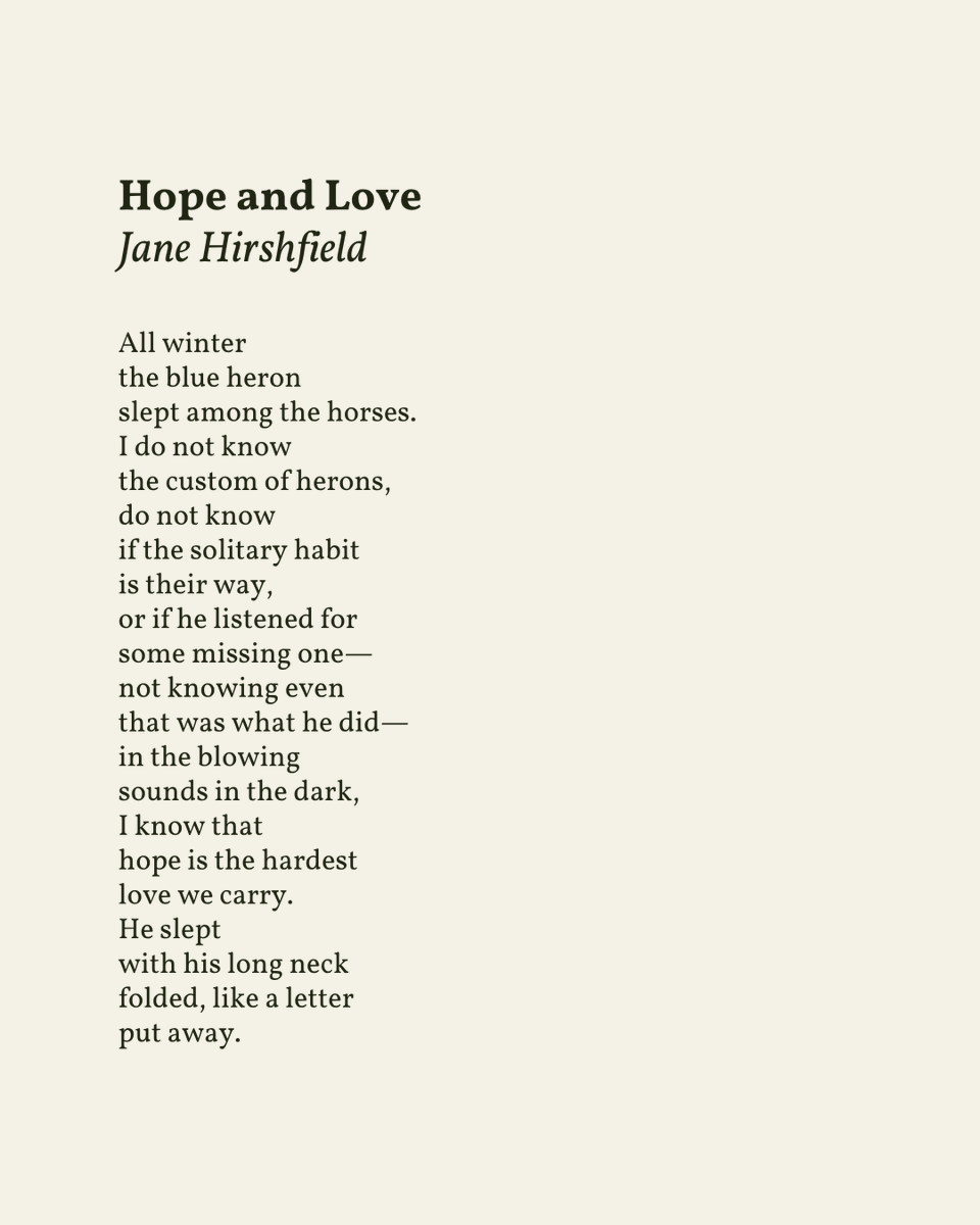 readalittlepoem's tweet image. “I know that / hope is the hardest / love we carry.”
— Jane Hirshfield
.
.
.
This poem appeared in The Lives of the Heart by Jane Hirshfield, published by Harper Perennial, 1997. Shared here with deep gratitude.