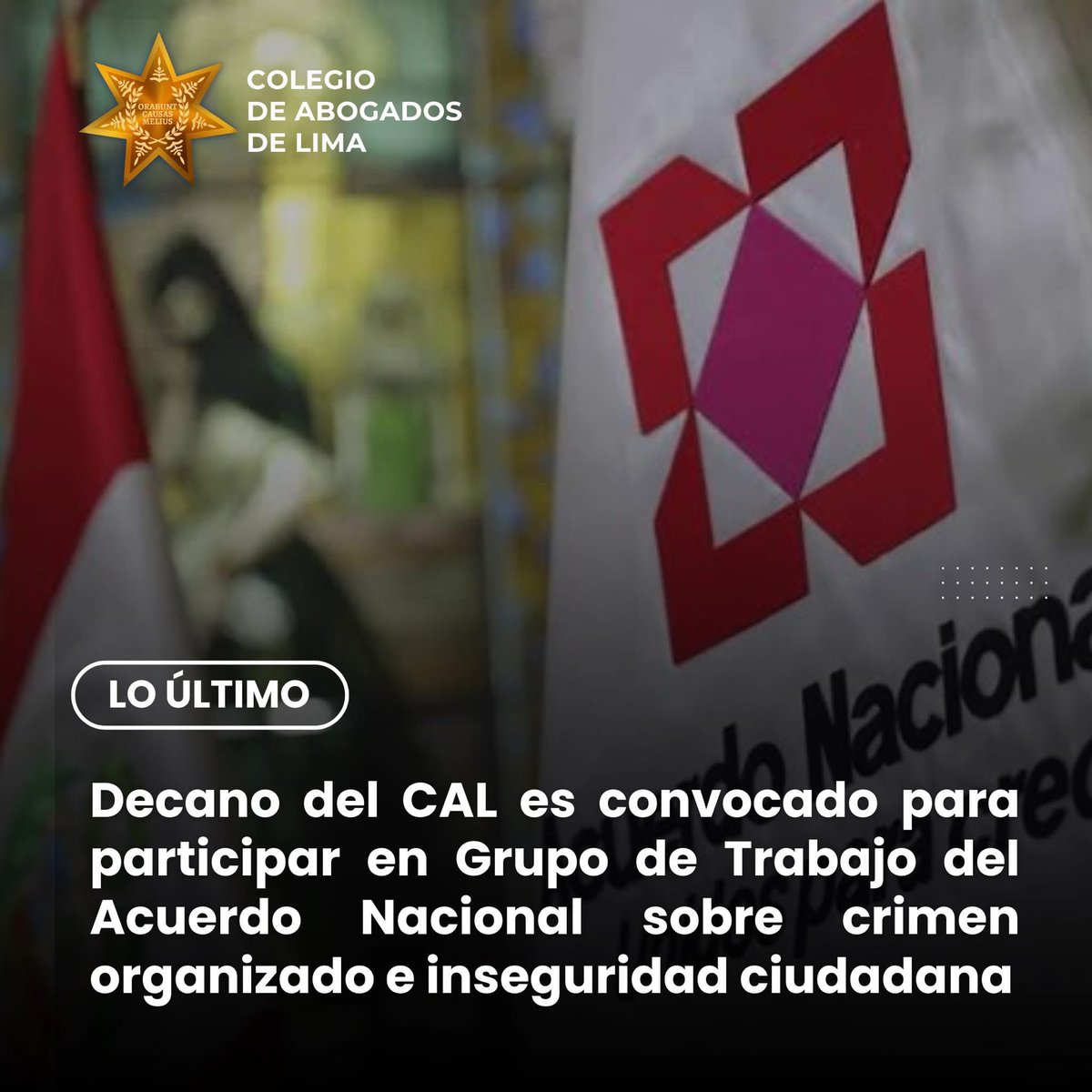 CALPERUOFICIAL's tweet image. 🔵📢 #NotaDePrensa | DECANO DEL CAL ES CONVOCADO PARA PARTICIPAR EN GRUPO DE TRABAJO DEL ACUERDO NACIONAL SOBRE CRIMEN ORGANIZADO E INSEGURIDAD CIUDADANA
Hoy, lunes 21 de julio a las 10:00 a. m., el Decano del Colegio de Abogados de Lima, Dr. Raúl Canelo Rabanal, participará en…