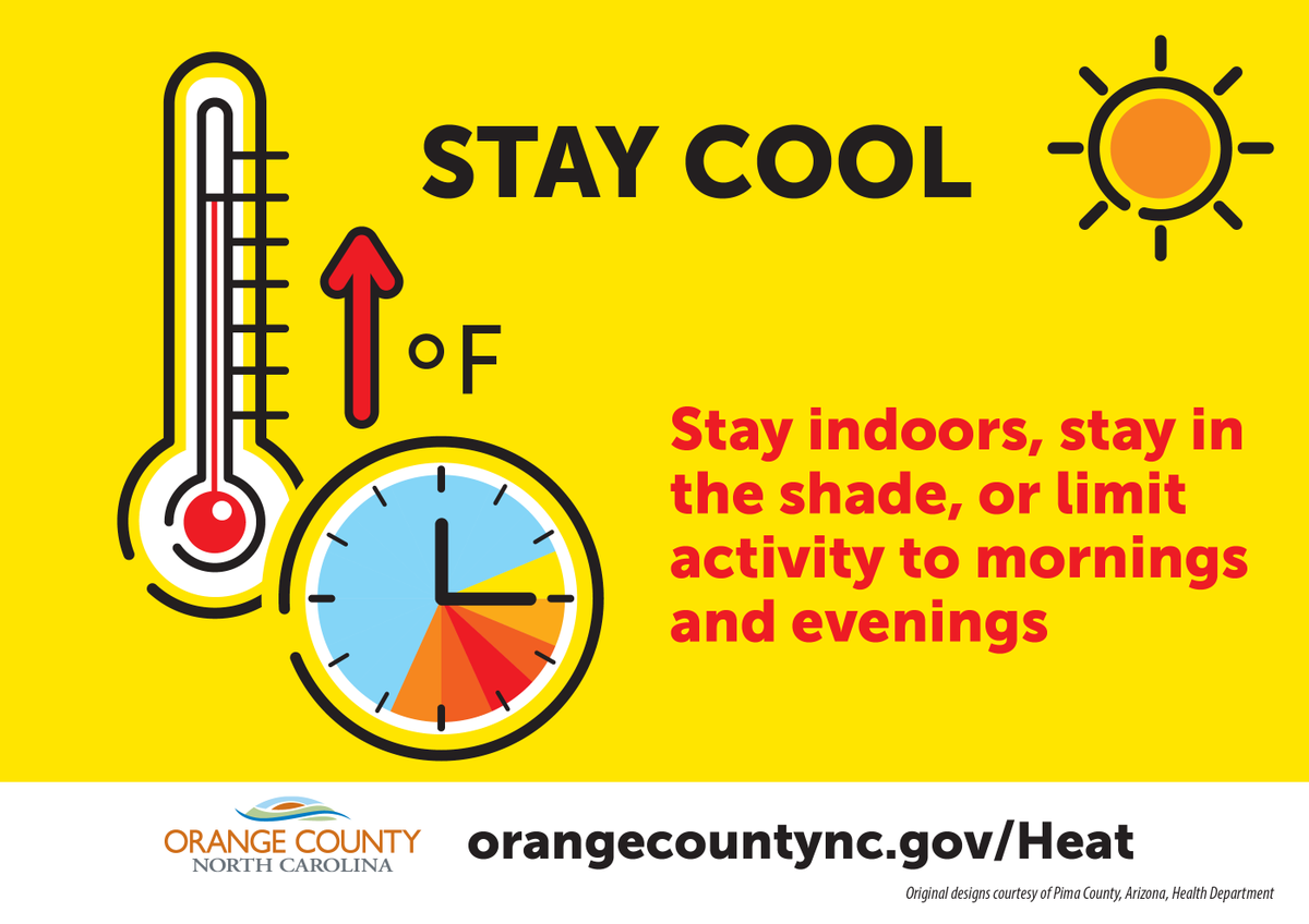 OCNCGOV's tweet image. As temperatures soar, it’s important to protect yourself and others from the dangers of extreme heat.
Stay in the shade, limit outdoor activity to the cooler hours of the morning and evening, and stay indoors. Learn more at orangecountync.gov/heat