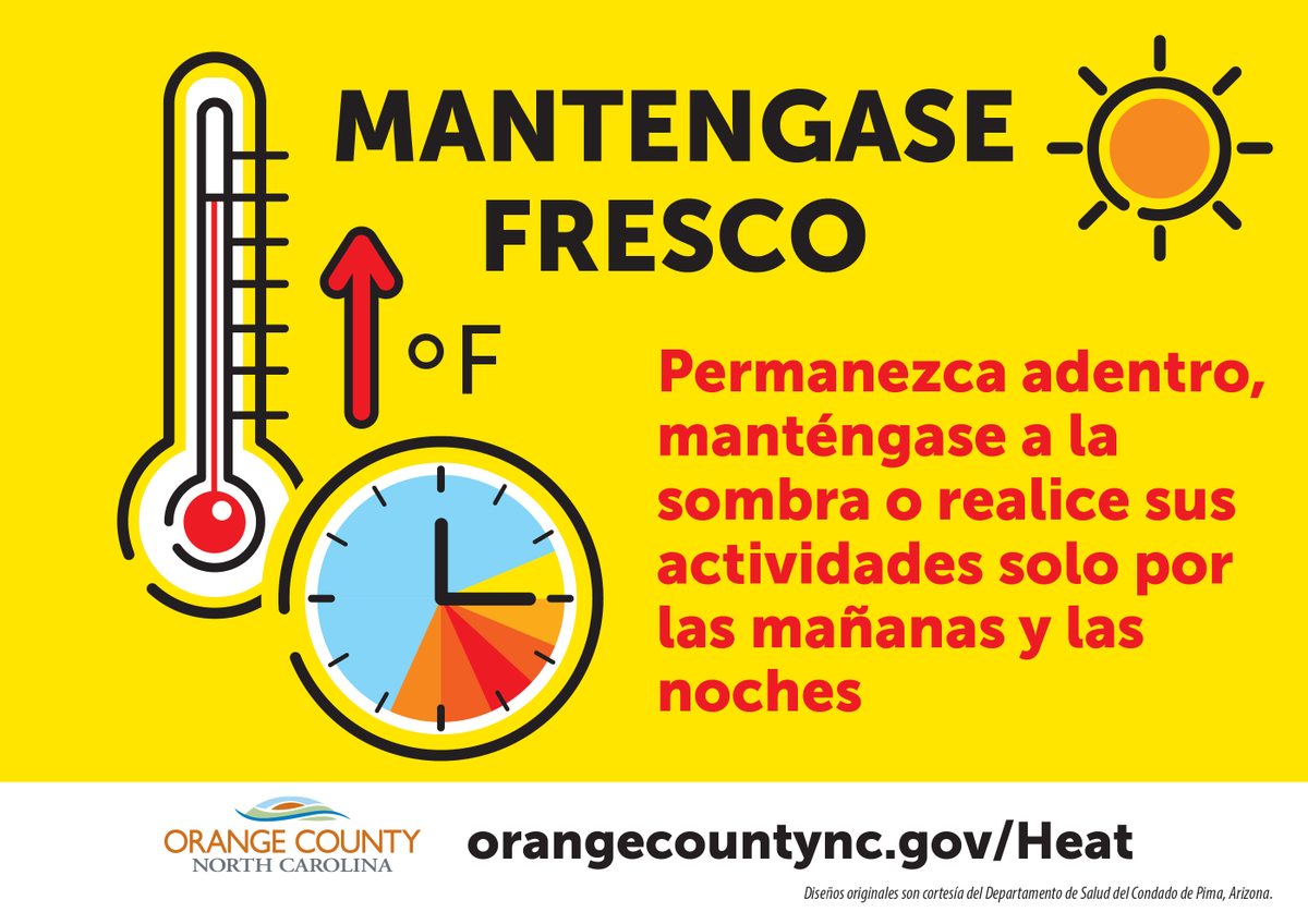 OCNCGOV's tweet image. As temperatures soar, it’s important to protect yourself and others from the dangers of extreme heat.
Stay in the shade, limit outdoor activity to the cooler hours of the morning and evening, and stay indoors. Learn more at orangecountync.gov/heat