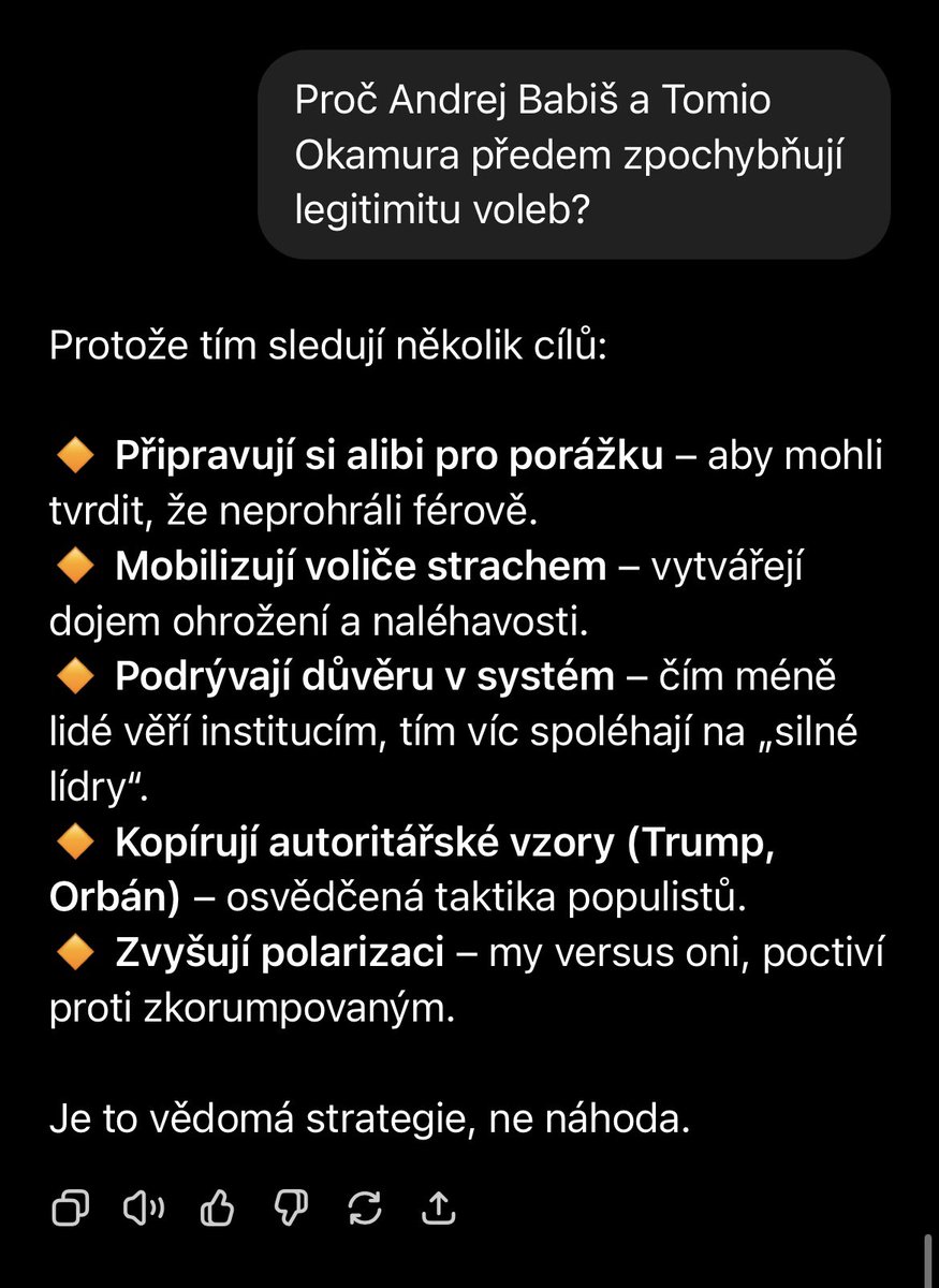 milos_novy's tweet image. Zeptal jsem se umělé inteligence, proč Andrej Babiš a Tomio Okamura předem zpochybňují legitimitu voleb.
Ne že bych si to neuměl vysvětlit sám, ale třeba varování od AI vezmeme vážněji.
👉 Babiš i Okamura vědomě podrývají důvěru v demokracii.
👉 Připravují si alibi pro případný…