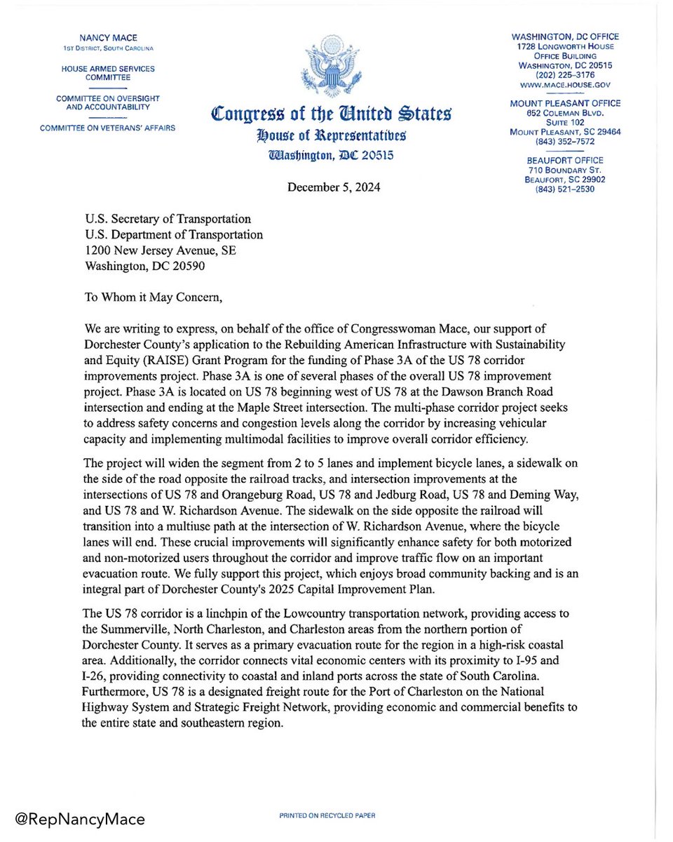 RepNancyMace's tweet image. Huge win for Dorchester county!
They secured a 24 million dollar federal grant from the USDOT. We wrote a letter of support, and engaged with the County and USDOT throughout the process. Big improvements are on the way.
Lowcountry First.