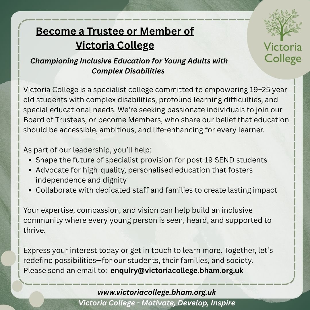 We’re looking to expand our Board of Trustees &amp; Members @ Victoria College. It would be good to hear from you 👍😁

It’s a great opportunity to have a positive impact on education of students with SEND &amp; join a fantastic provision! Trustees meet 6 x a year &amp; Members once a year.