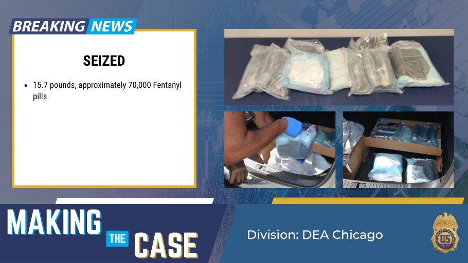 DEAHQ's tweet image. #ICYMI #MakingTheCaseMonday @DEAChicagodiv investigation led to the seizure of 15.7 pounds, approx—70,000 Fentanyl pills, destined for Southern Indiana & Western Kentucky. A Mexican national was sentenced to 5 1/2 years in federal prison.
Learn more: dea.gov/press-releases…