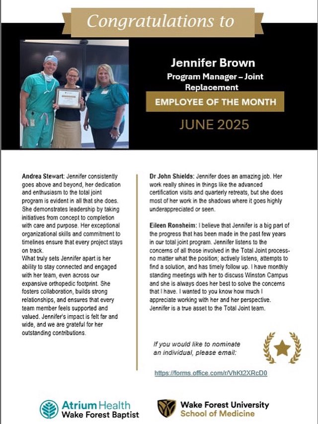 🌟 Employee of the Month – June 2025 🌟
Please join us in congratulating Jennifer Brown, Program Manager – Joint Replacement, for being recognized as our Employee of the Month! 🎉
Jennifer’s leadership, dedication, and behind-the-scenes impact have made a lasting difference