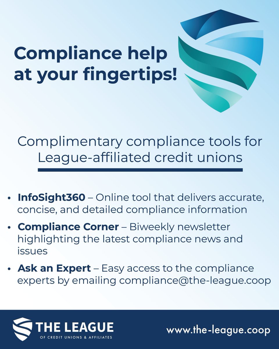 theleagueofcus's tweet image. Your membership with The League of Credit Unions & Affiliates comes with powerful, complimentary compliance support—designed to keep your credit union informed and protected.
Take full advantage of these member benefits—because staying compliant shouldn’t be complicated.
