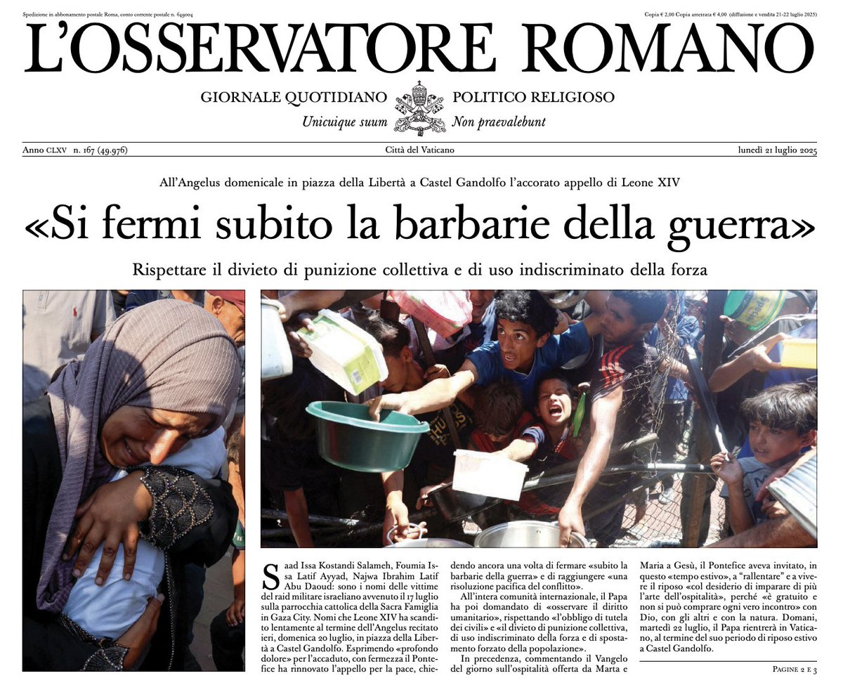 oss_romano's tweet image. #PapaLeoneXIV #LeoneXIV
«Si fermi subito la barbarie della guerra»
All’Angelus domenicale in piazza della Libertà a Castel Gandolfo l’accorato appello di Leone XIV
osservatoreromano.va/it/news/2025-0…